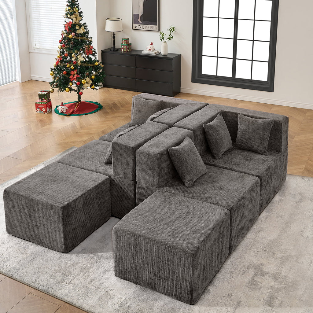 Behost 130" Oversized Modular Sectional Sofa for Living Room Furniture, Chenille Cloud Couch with Ottomans, Dark Gray