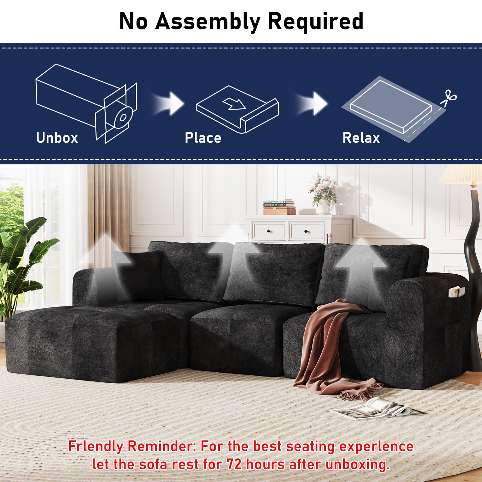 ChVans 110" L-Shaped Sectional Sofa with Convertible Left/Right Ottoman, Boneless Sofa with Oversized Chaise & Layered Cushion, Upholstered Couches for Living Room Bedroom, No Assembly