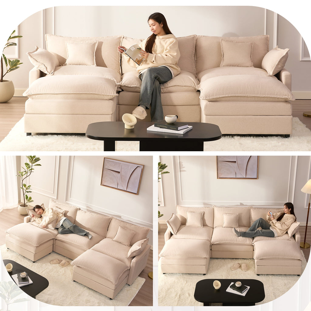 Bigsyy 3 - Seat Sectional Sofa Couch, Comfy Cloud Style, Deep Seat, Sleeper Function with Throw Pillows. Ideal for Adult - Occupied Living Rooms, Modern Design, Cozy Beige