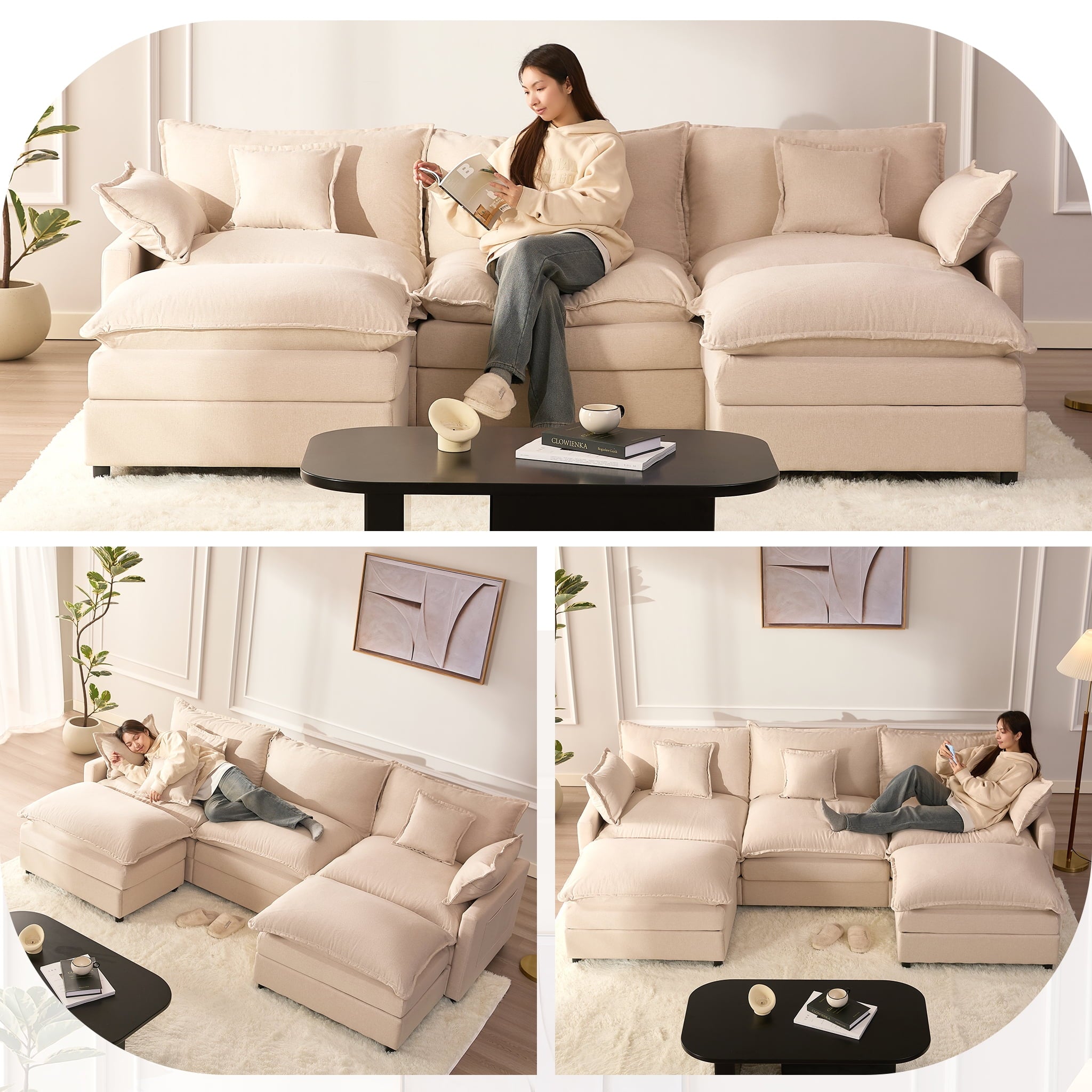 Bigsyy 3 - Seat Sectional Sofa Couch, Comfy Cloud Style, Deep Seat, Sleeper Function with Throw Pillows. Ideal for Adult - Occupied Living Rooms, Modern Design, Cozy Beige