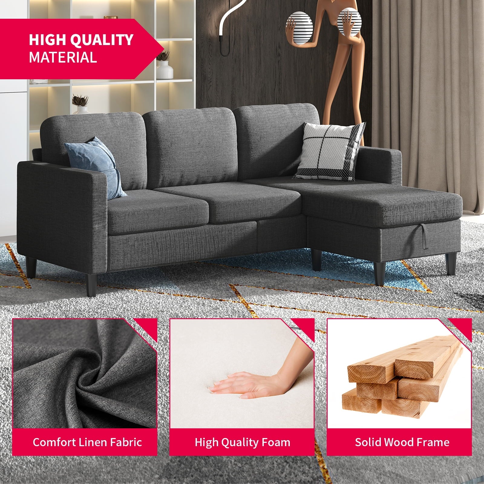 MUZZ 76" Small Space Sectional Sofa with Storage – L-Shaped with Storage Ottoman & Movable Modules, Dark Grey Linen Living Room Couch