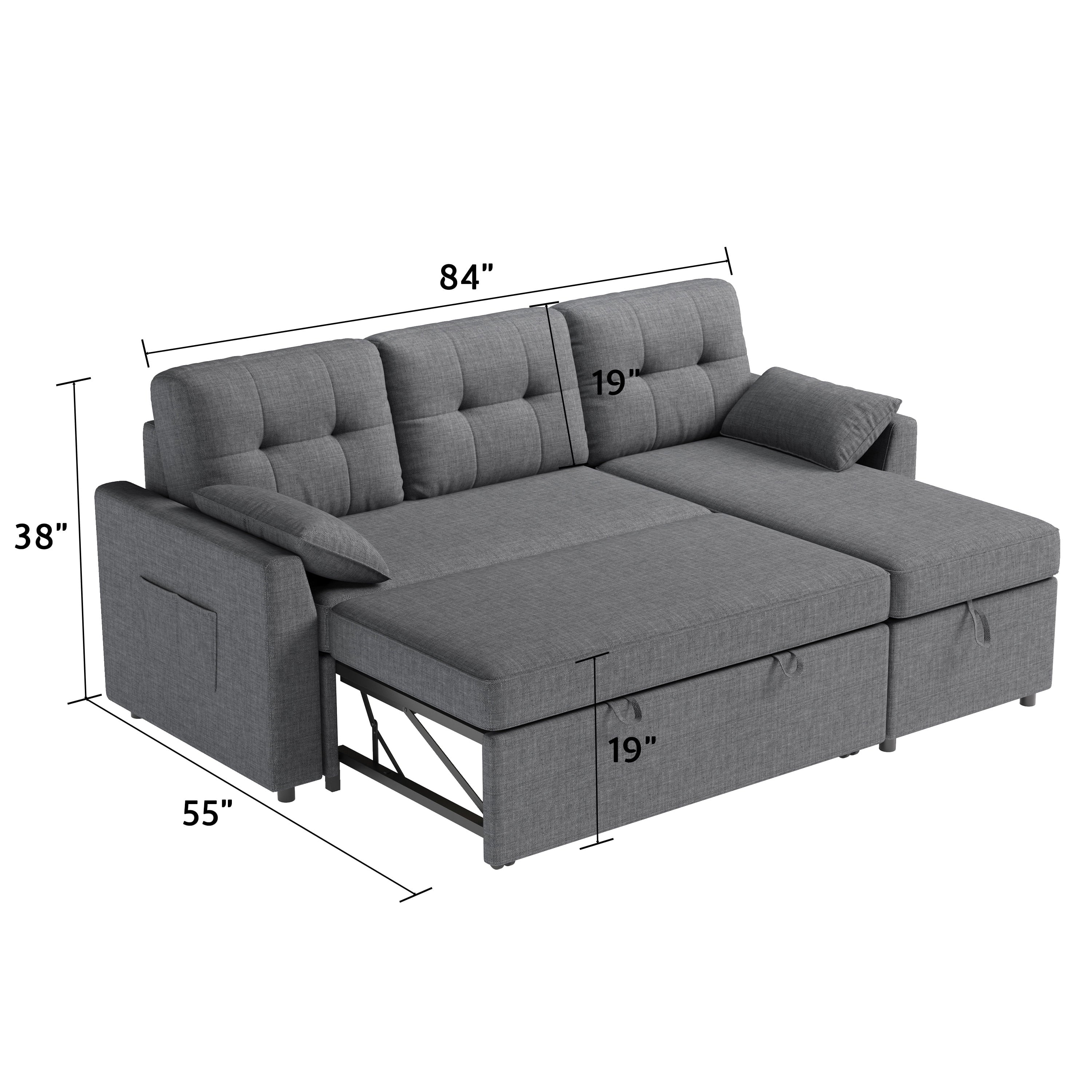 VANACC Sectional Sofa Bed with Storage and Soft Seat ,Reversible Pull Out Couch for Living Room,Gray