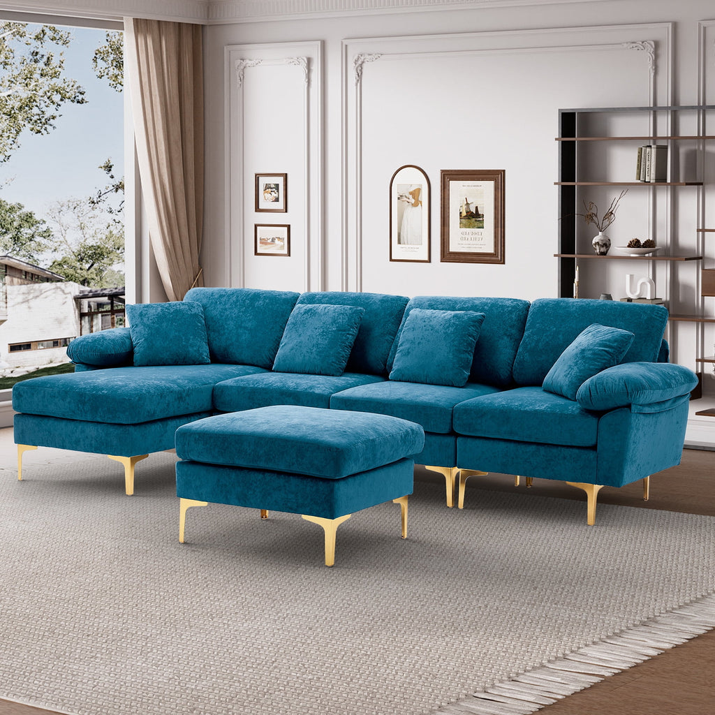 Wiilayok 114" U-Shaped Sectional Sofa,Velvet Modular 4 Seat Sofa Set for Living Room,Convertible L Shaped Sofa Couch Set with Chaise Lounge, Ottoman and Pillows