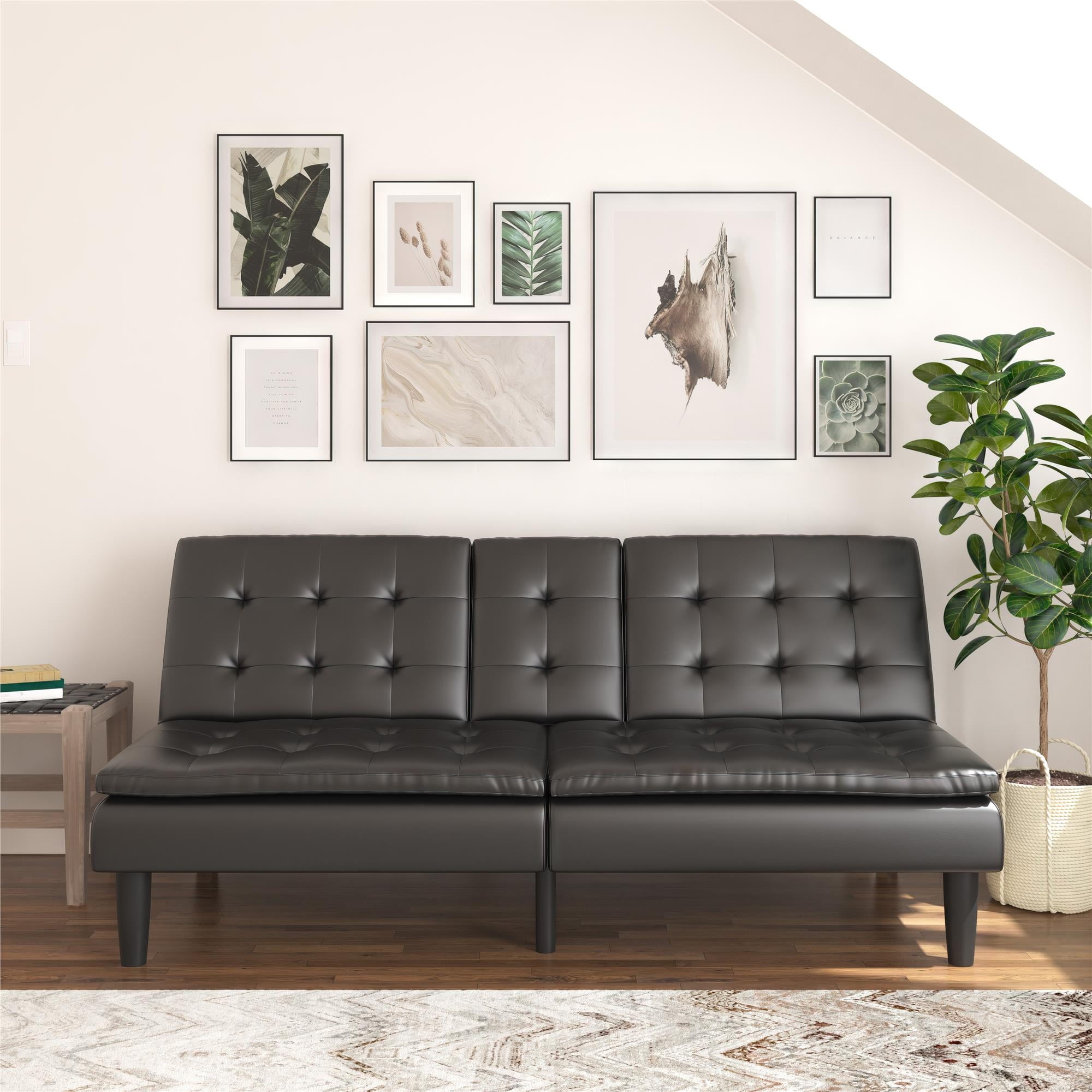 Mainstays Memory Foam 71.5" Futon with Cupholder and USB, Black Faux Leather