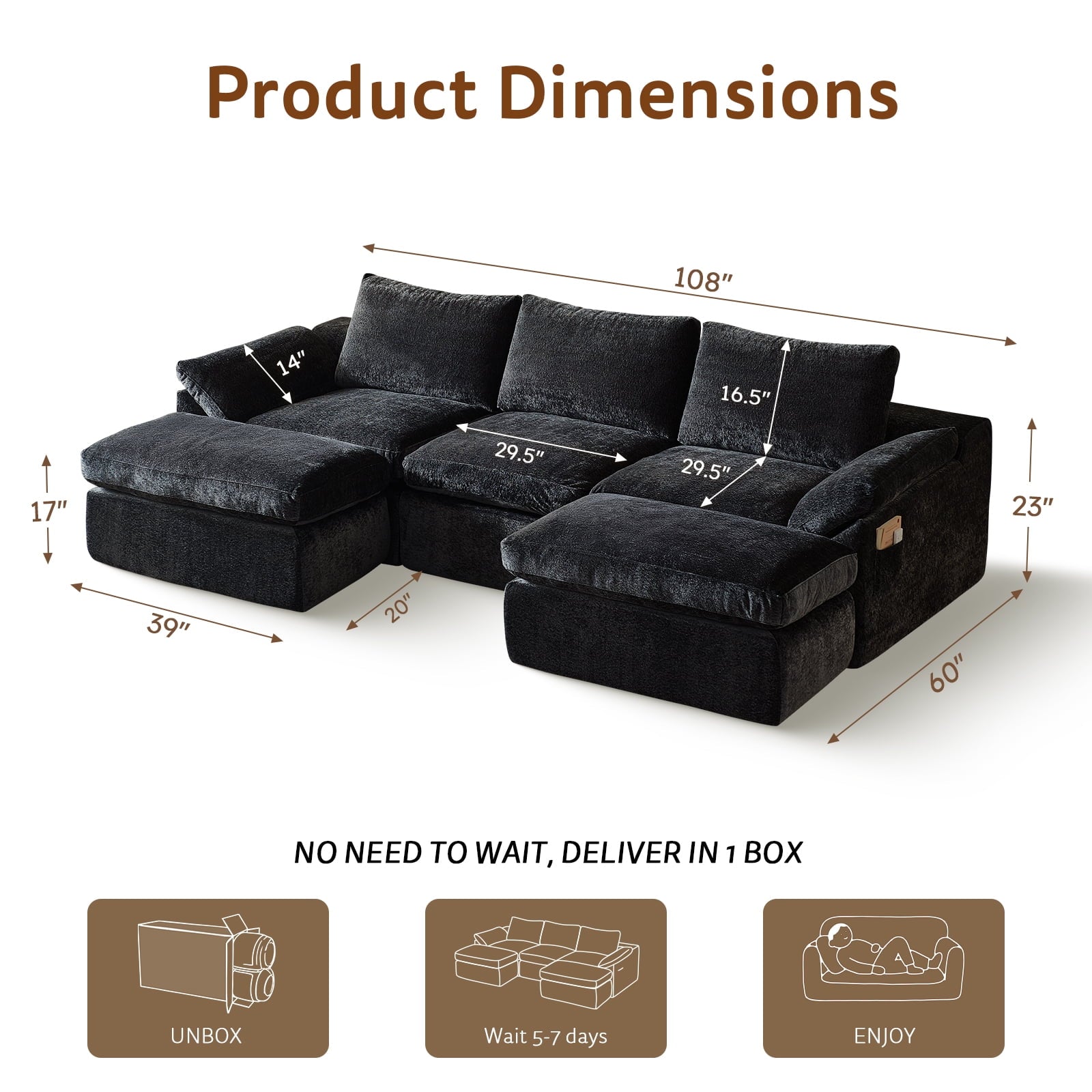 GEMBED 108" Modular Sectional Sofa U Shaped Cloud Couch with Deep Seat and Movable Ottoman Boneless Couches for Living Room, No Assembly Required, Black