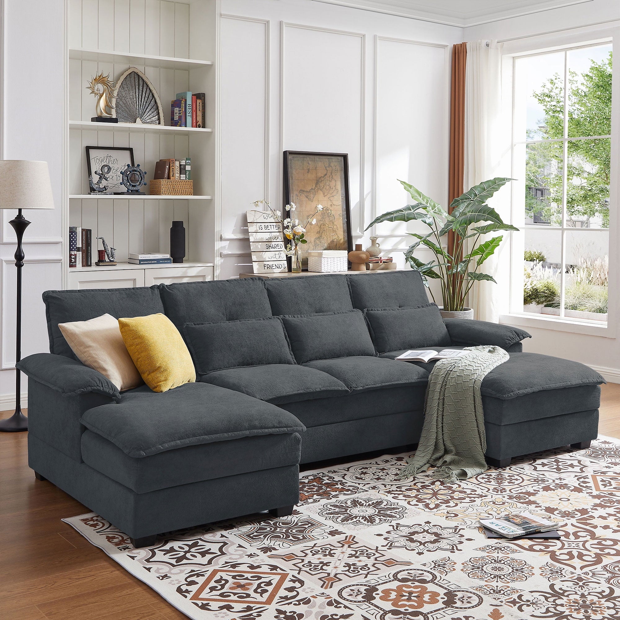 Pingliang Home 109.8" Oversized U Shaped Couch,4 Seat Sectional Sofa with 4 Lumbar Pillow,Upholstered Symmetrical Cloud Couch with Double Chaise,Wrap Around Sofa for Living Room Apartment Office,Gray