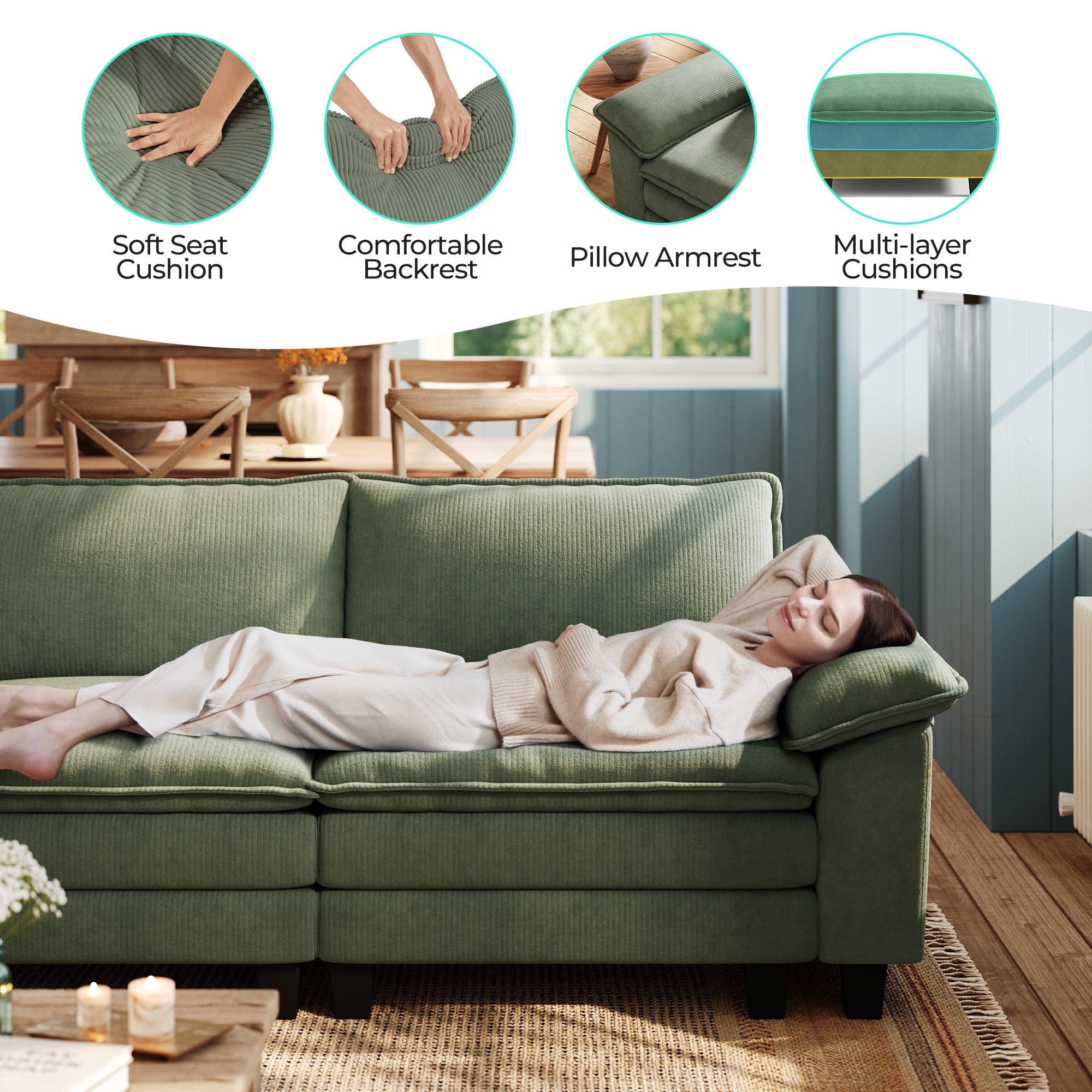 Linsy Home 123" Cloud Modular Sectional Sofa for Living Room, L-Shaped Cloud Sofa Couch with Corduroy Fabric, 3 Seat Oversized Couch with Movable Ottoman, Green