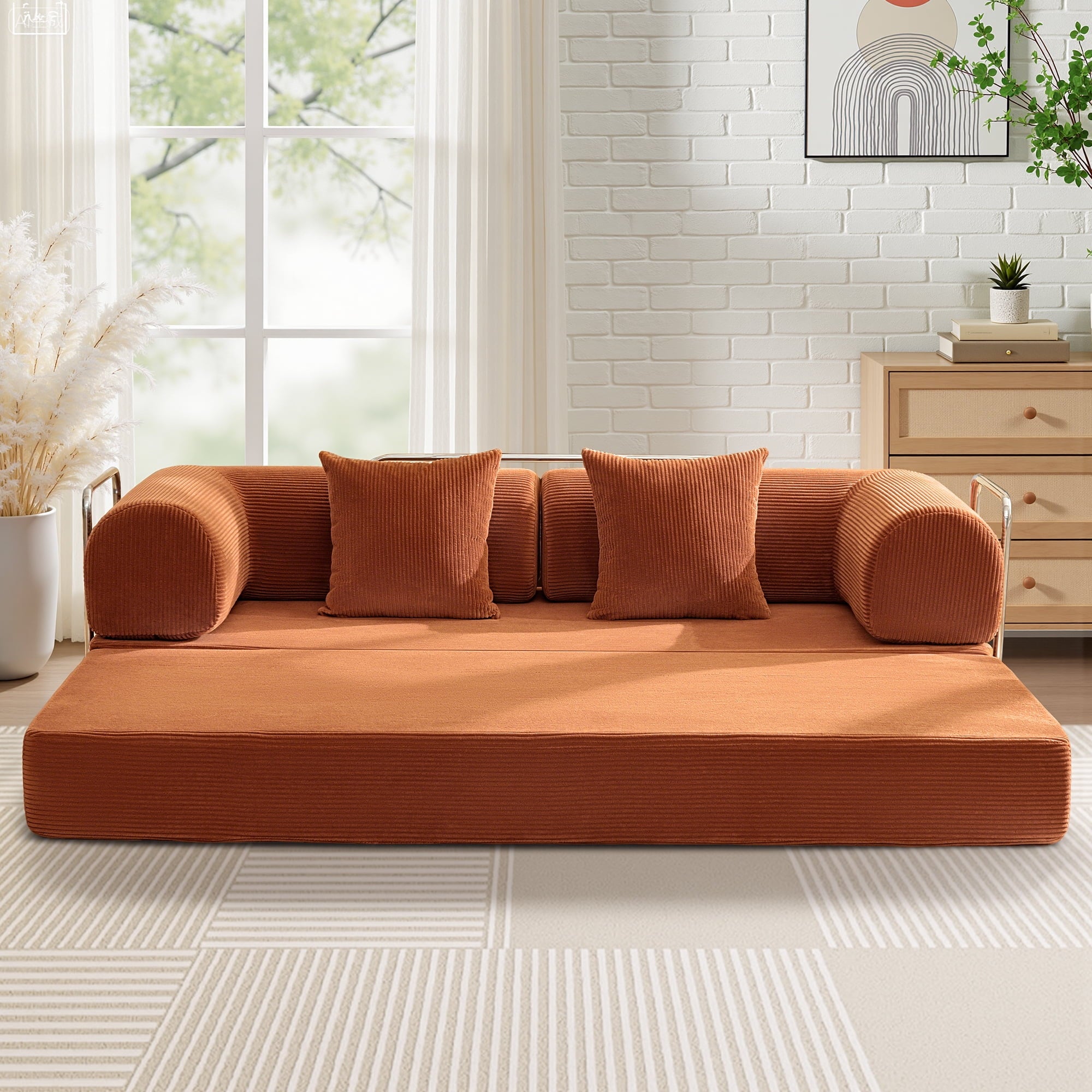COOLHUT 78.7" W Combination Sofa, High Rebound Density Sponge Sofa Couch, Two Forms Floor Couch Three Seats Sofa Bed for Living Room, Bedroom, Pumpkin Brown