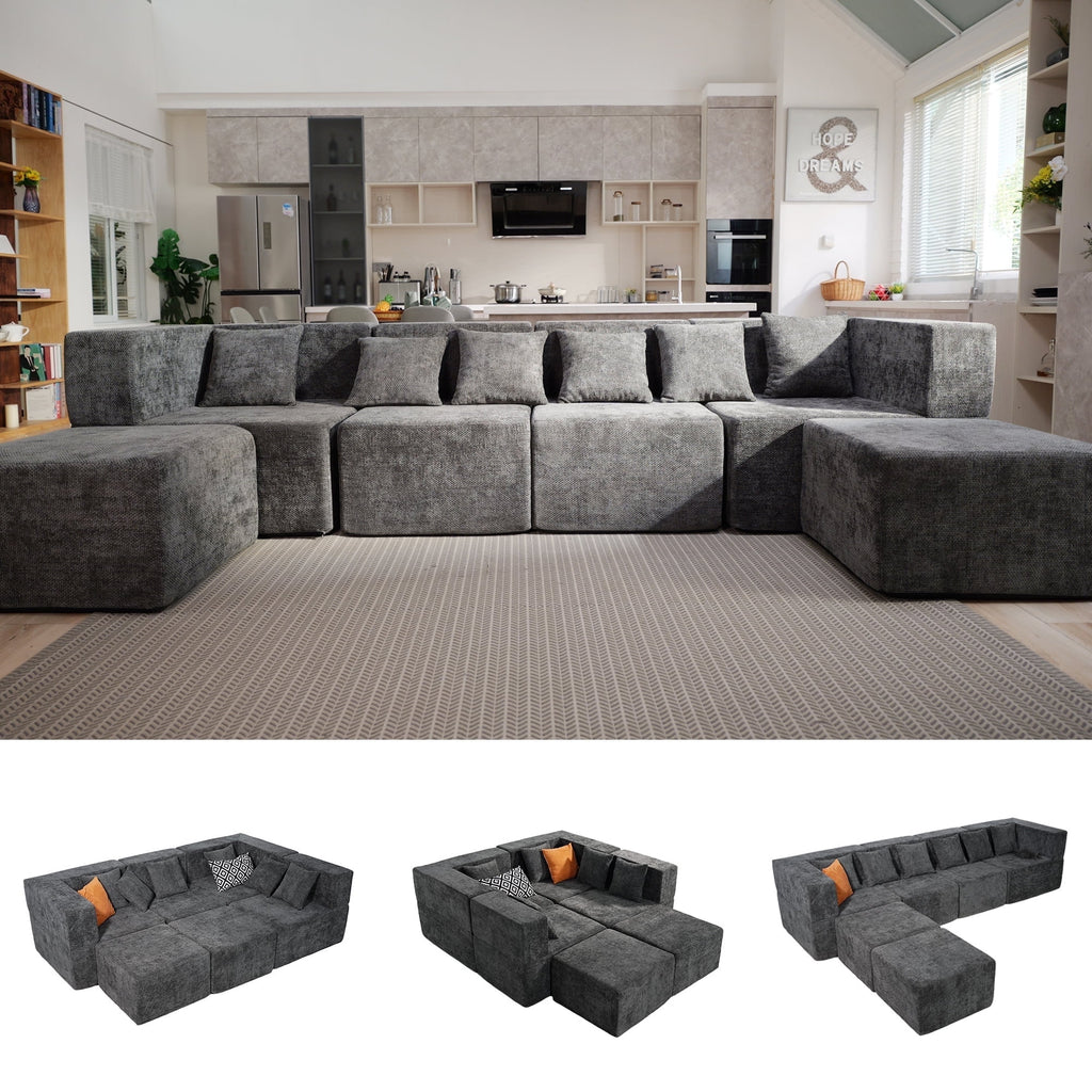 Behost 130" Oversized Modular Sectional Sofa for Living Room Furniture, Chenille Cloud Couch with Ottomans, Dark Gray