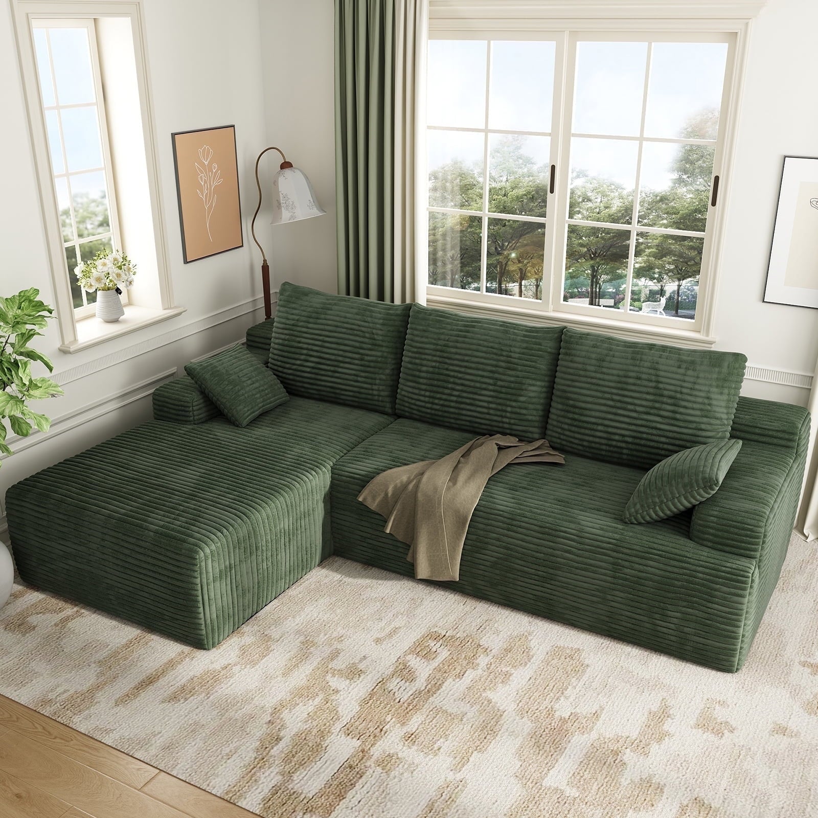 104" Cloud Sectional Couch with L-Shape Chaise, Modern Modular Sofa with Deep Seat, Upholstered Couches with Back Cushion for Living Room Bedroom, No Assembly Required, Black Grey (Corduroy Fabric)