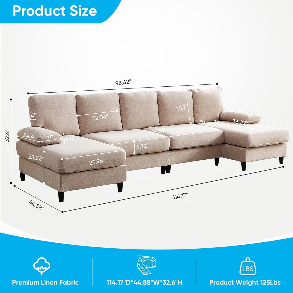 Puremind 114"W U-Shaped Sectional Sofa, Linen 4 Seat Sectional Couch with Double Chaises for Living Room/Apartment, Beige
