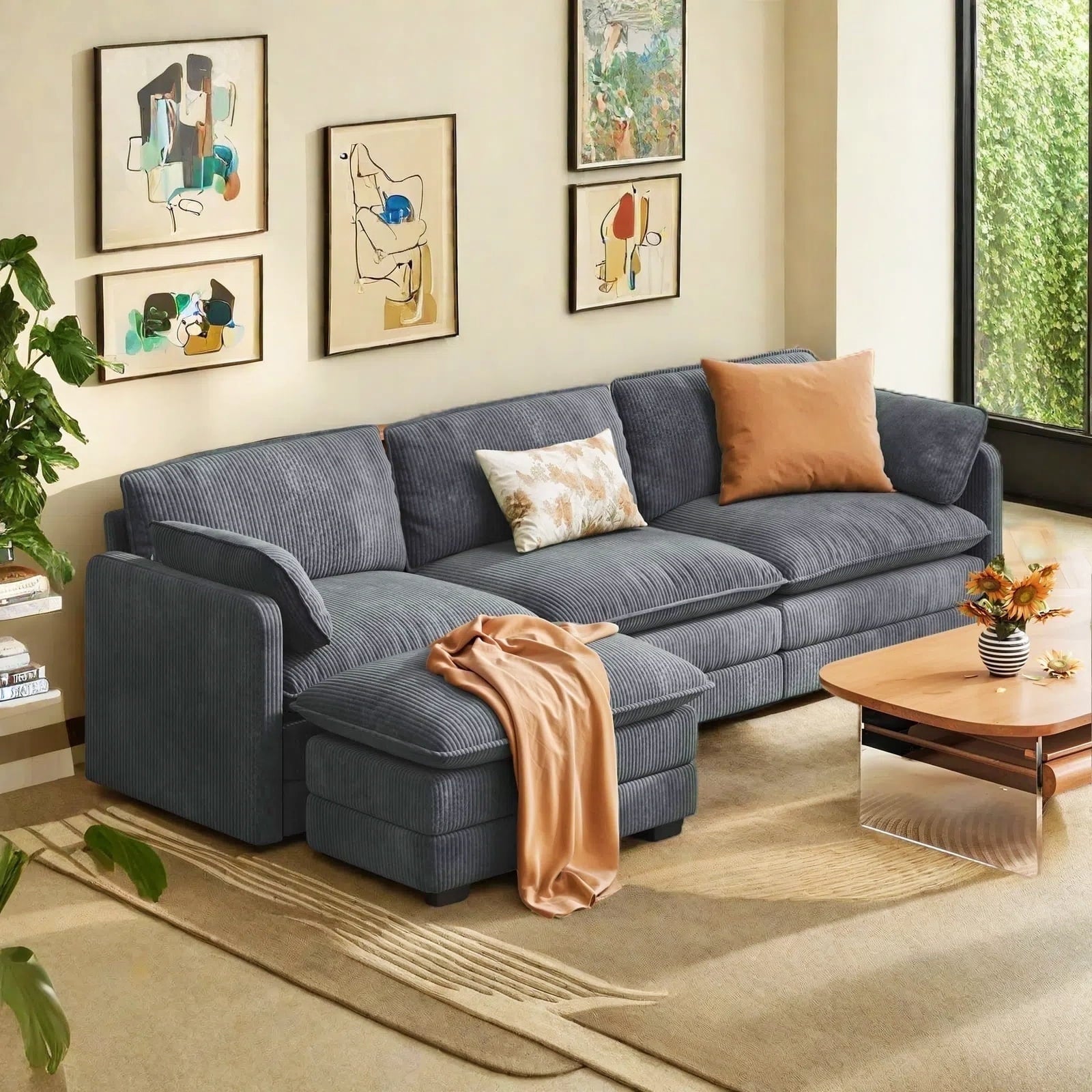 82"L-Shaped Couch, Lofka Sectional Sofa with 4" Thick Cushions, Soft Velvet 3 Seats Couches for Living Room, Apartment and Small Space, Dark Grey Couch