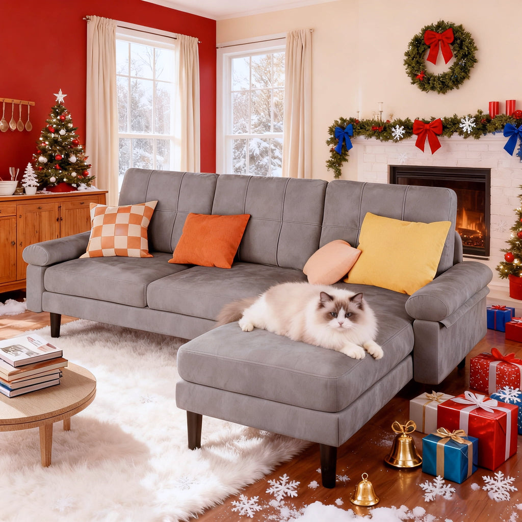 82"L-Shaped Couch, Lofka Sectional Sofa with 4" Thick Cushions, Soft Velvet 3 Seats Couches for Living Room, Apartment and Small Space, Dark Grey Couch