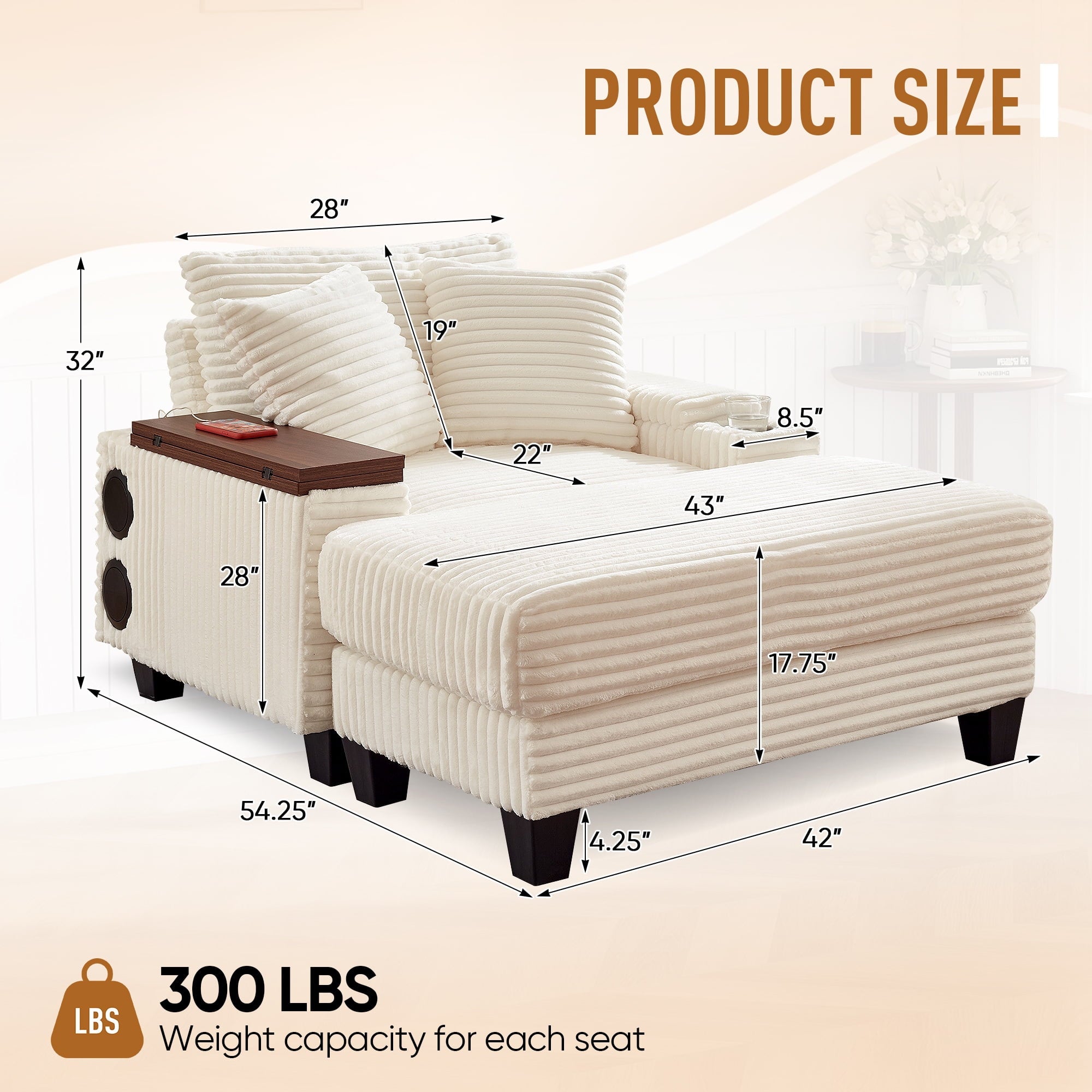 Muumblus Oversized Living Room Chair with Bluetooth Speaker, Ottoman, Rotating Table Board & USB, Cozy Indoor Lounge Reading Armchair, White Corduroy