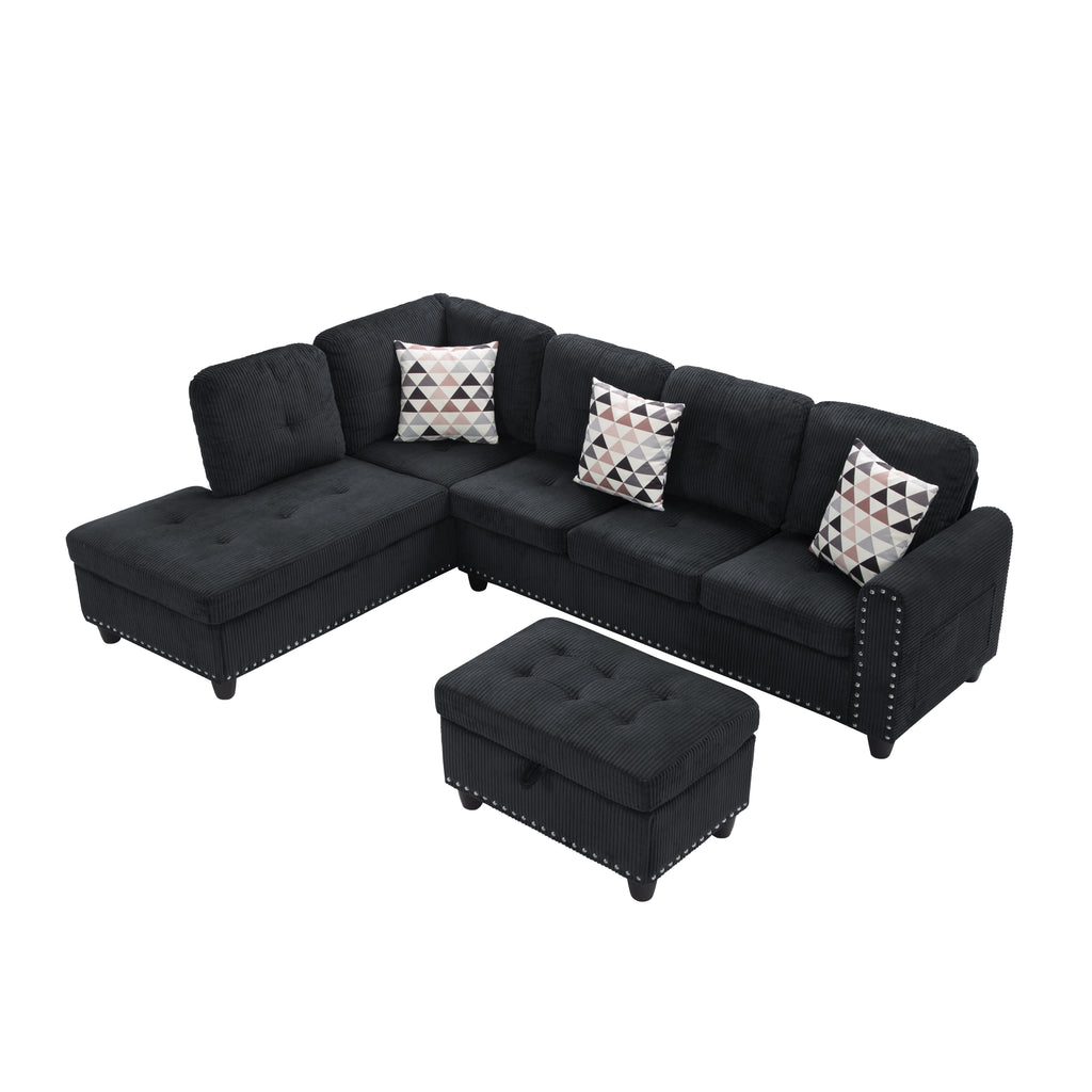 Gewnee 94.49" L-shaped Modular Fabric Sofa Set with Storage Ottoman and Cup Holders & throw pillows.Suitable for Living Rooms,Offices and Reception Rooms.Black