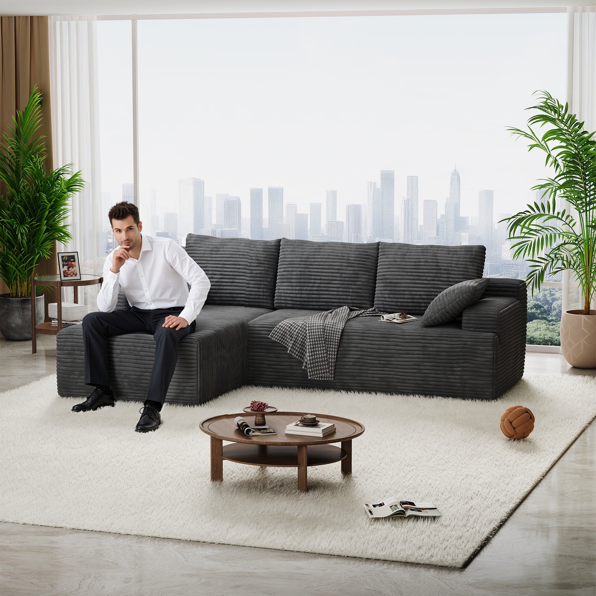 104" Cloud Sectional Couch with L-Shape Chaise, Modern Modular Sofa with Deep Seat, Upholstered Couches with Back Cushion for Living Room Bedroom, No Assembly Required, Black Grey (Corduroy Fabric)