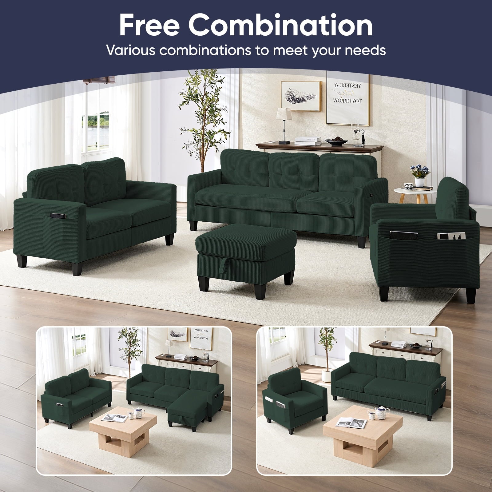 ZAFLY 3PCS Sectional Couch Set, Living Room Furniture Sofa Sets, Include Sofa, Loveseat & Chair - Green