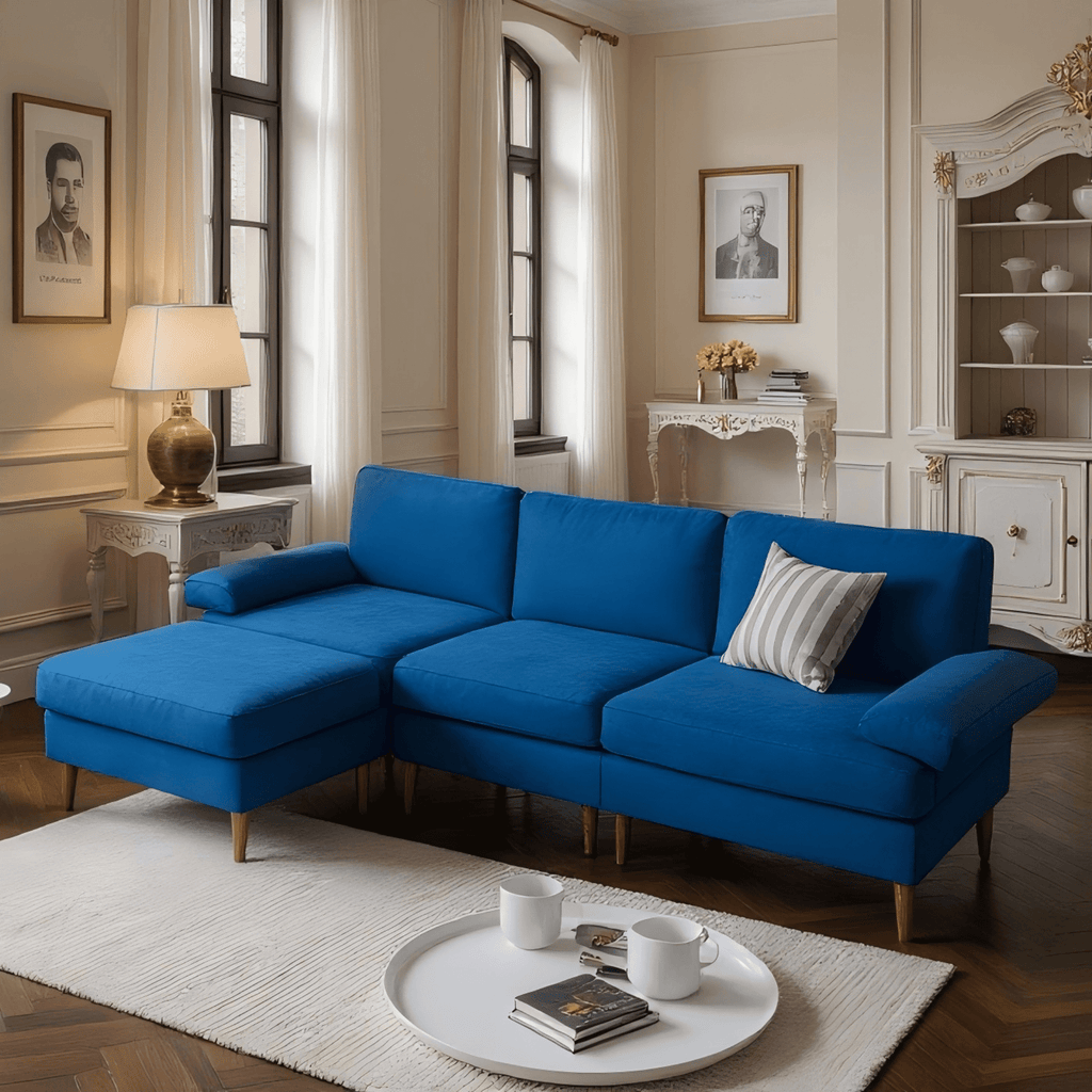 Gewnee Modern Sectional Sofa,L-shaped sofa with Movable Ottoman,Velvet Deep-Set sofa,Suitable for Living Rooms and Apartments(Navy Blue)