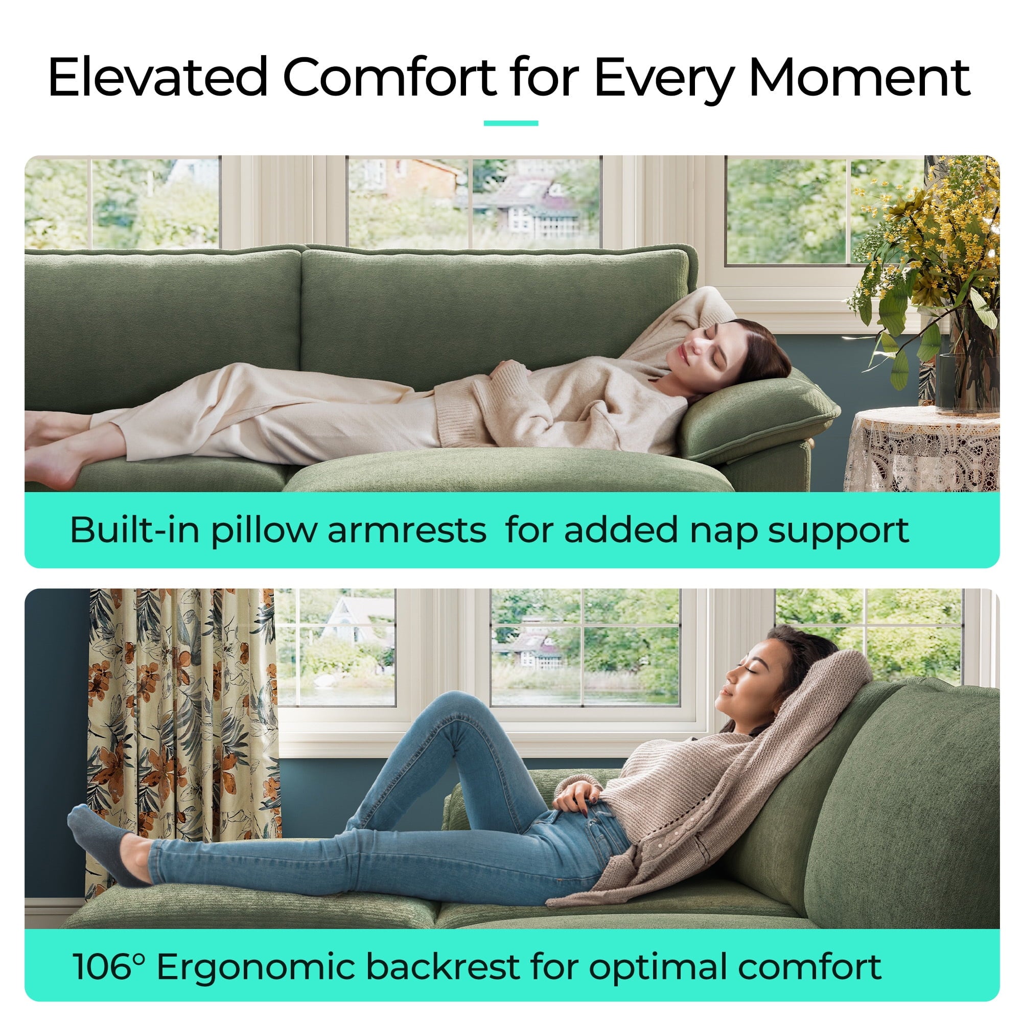 Linsy Home 123" Cloud Modular Sectional Sofa for Living Room, L-Shaped Cloud Sofa Couch with Corduroy Fabric, 3 Seat Oversized Couch with Movable Ottoman, Green