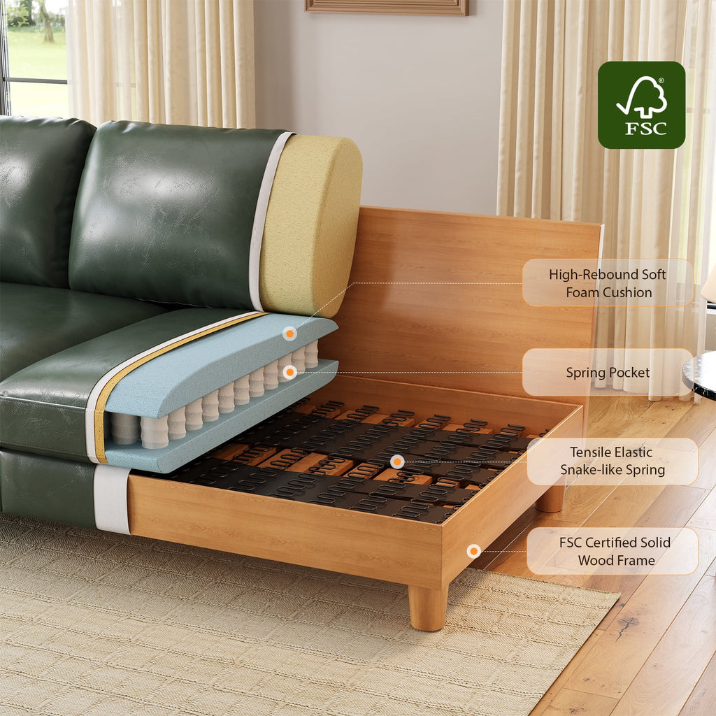 87" Couch Premium PU Leather Sofa, Comfy Extra Deep Seat 3 Seater Couch for Living Room, with 2 Pillows, Green