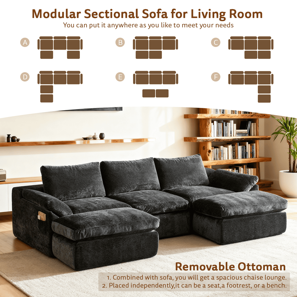 GEMBED 108" Modular Sectional Sofa U Shaped Cloud Couch with Deep Seat and Movable Ottoman Boneless Couches for Living Room, No Assembly Required, Gray