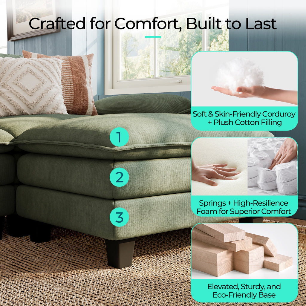 Linsy Home 123" Cloud Modular Sectional Sofa for Living Room, L-Shaped Cloud Sofa Couch with Corduroy Fabric, 3 Seat Oversized Couch with Movable Ottoman, Green