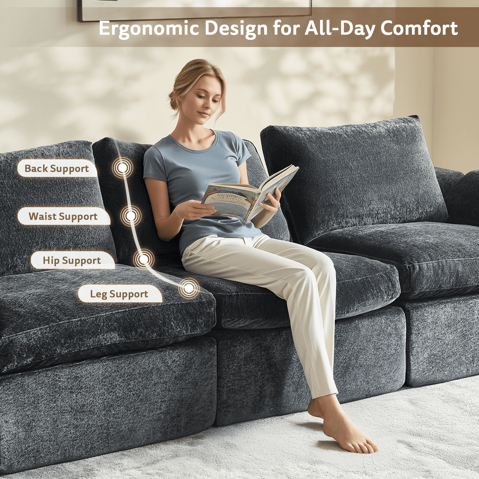 GEMBED 108" Modular Sectional Sofa U Shaped Cloud Couch with Deep Seat and Movable Ottoman Boneless Couches for Living Room, No Assembly Required, Gray