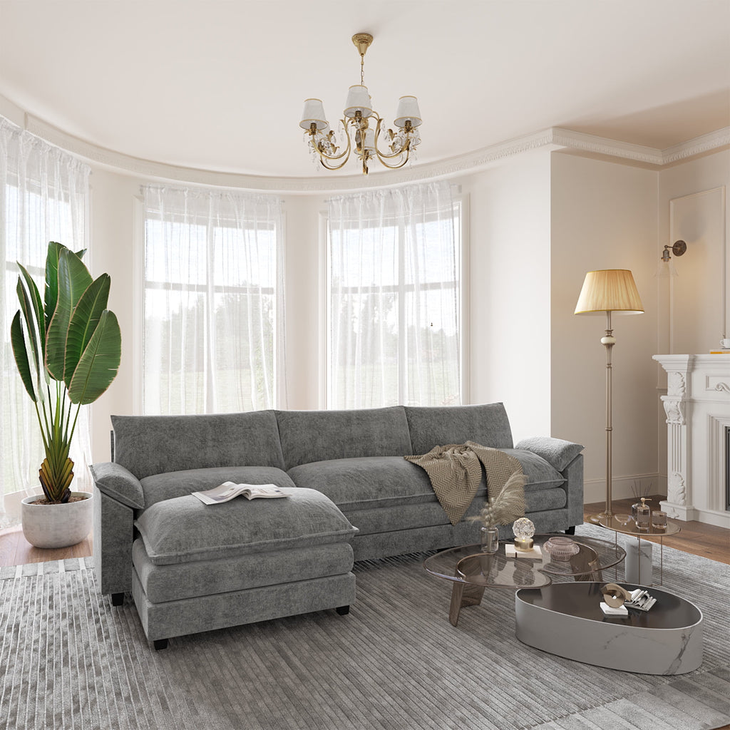 Furmax 3-seat Sectional Sofa Sectional Couch with Reversible Toffee Chair Convertible Sofa with Ottoman,Gray