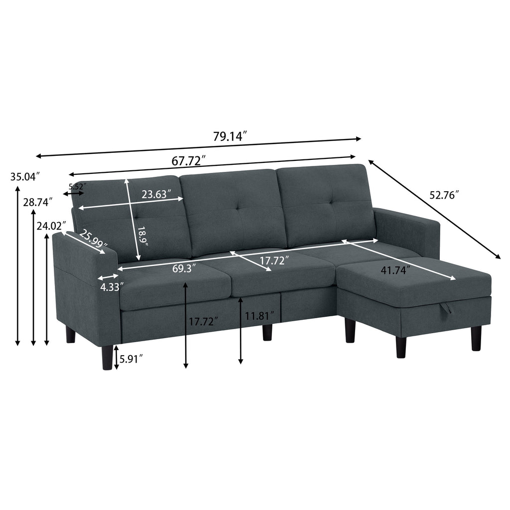 Pingliang Home Convertible Sectional Sofa with Footstool Living Room Sofa Couch with Storage Ottoman and Side Pockets,Modern 3 Seat L Shaped Couches