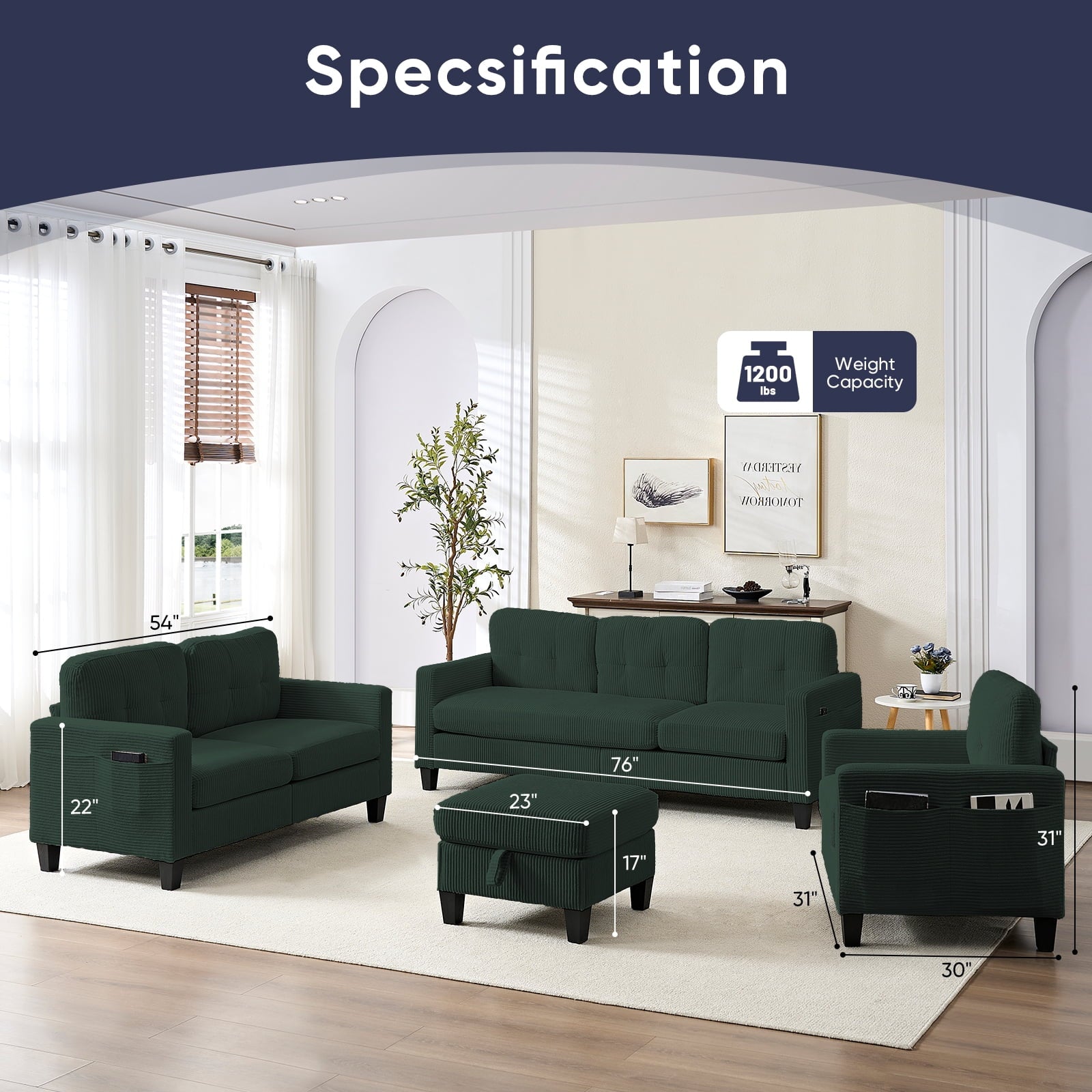 ZAFLY 3PCS Sectional Couch Set, Living Room Furniture Sofa Sets, Include Sofa, Loveseat & Chair - Green