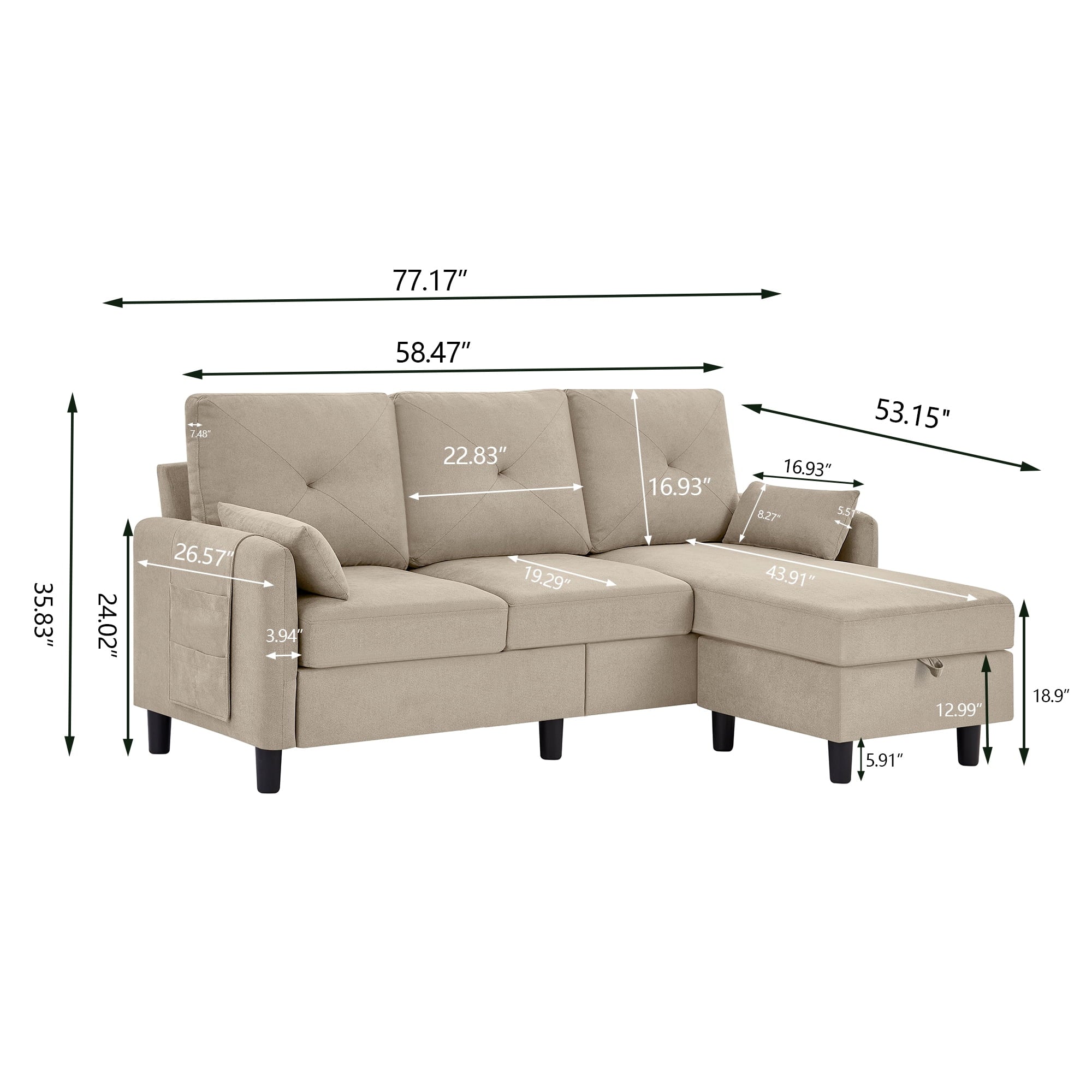 Pingliang Home Sofa Set, Convertible Sectional Sofa & Accent Chair,3 Seat L-Shaped Couch with Reversible Storage Ottoman&Side Pocket, Furniture Set for Living Room Office Apt