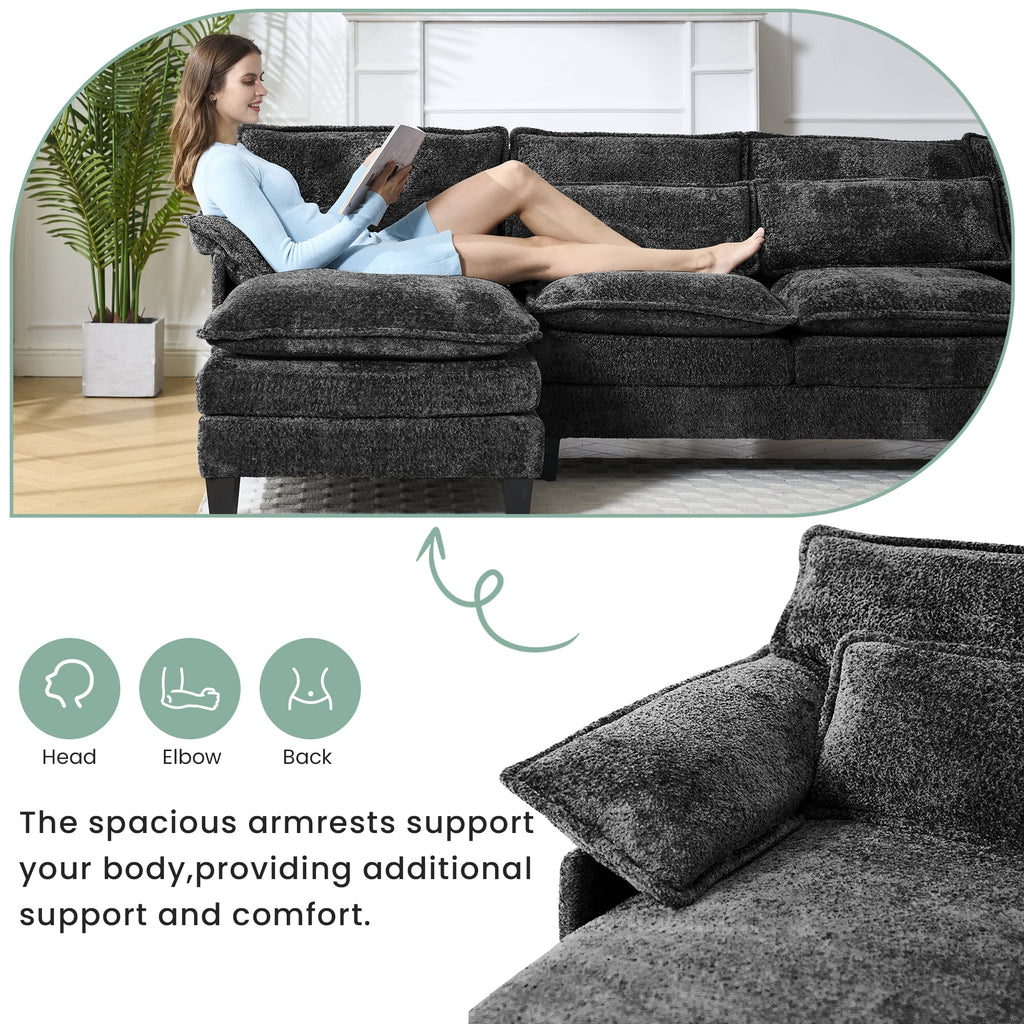 JONPONY 109.45"U Shaped Couch, 4 Seat Sectional with 4 Throw Pillows, Convertible Upholstery Symmetrical Sofá,High Dense Memory Foam with Double Chaise Lounge &Memory Foam for Living Room, Black Grey