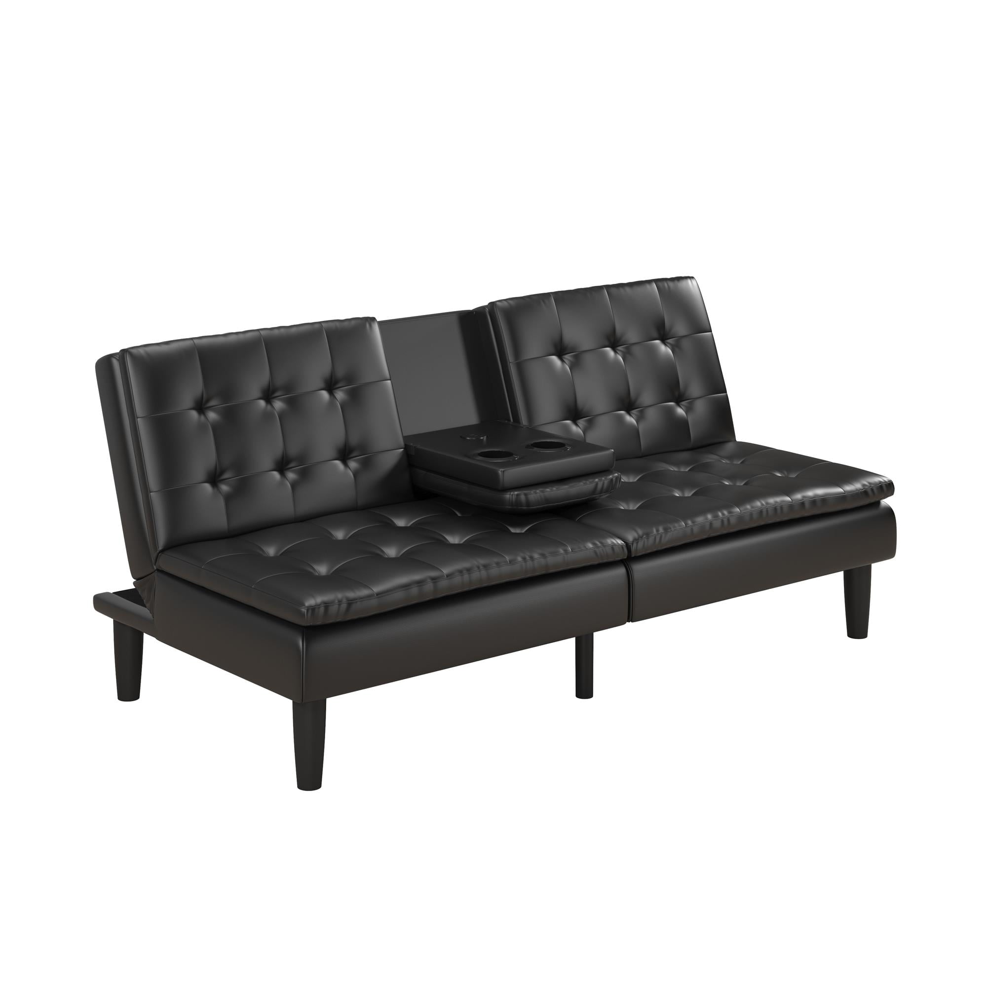 Mainstays Memory Foam 71.5" Futon with Cupholder and USB, Black Faux Leather