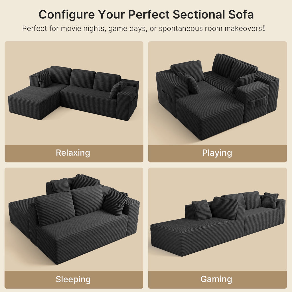 Lofka 105" Cloud L-Shaped Sectional Sofa and Couch with Movable Ottoman and Soft Seats for Living Room, No Assembly Required, Black (Plush Corduroy Fabric)