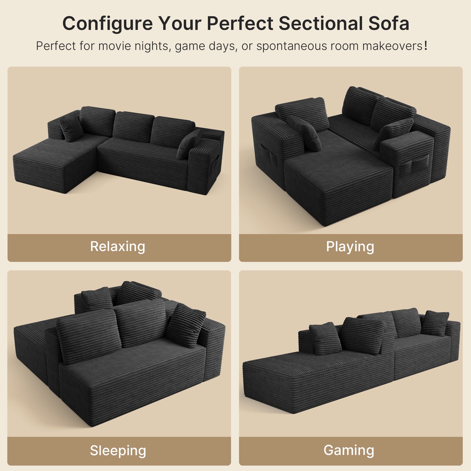 Lofka 105" Cloud L-Shaped Sectional Sofa and Couch with Movable Ottoman and Soft Seats for Living Room, No Assembly Required, Black (Plush Corduroy Fabric)