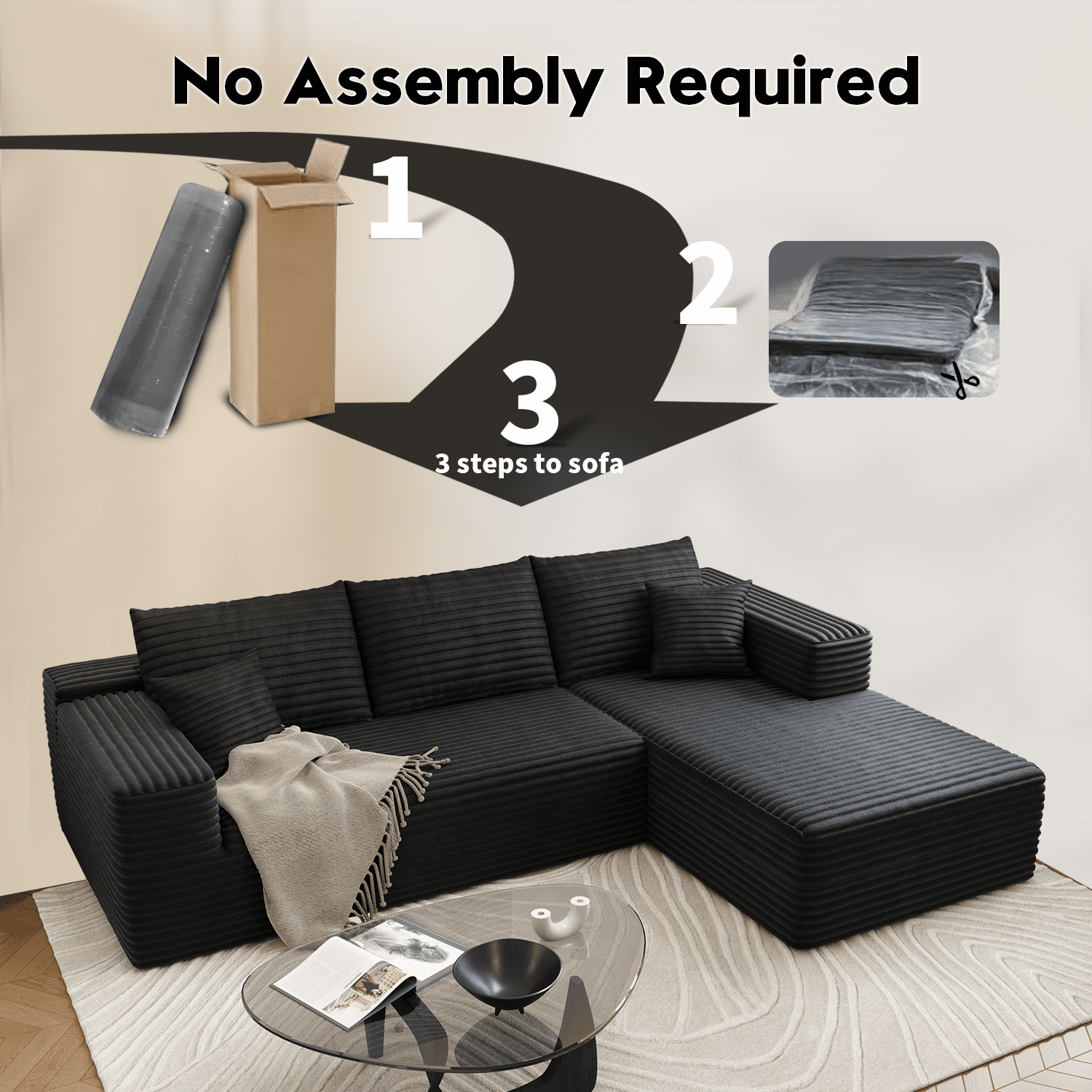 107.5" Cloud Sectional Couch with L-Shape Chaise,Modern Modular Sofa for Living Room ,No Assembly Required,(Black,Right Facing Chaise)