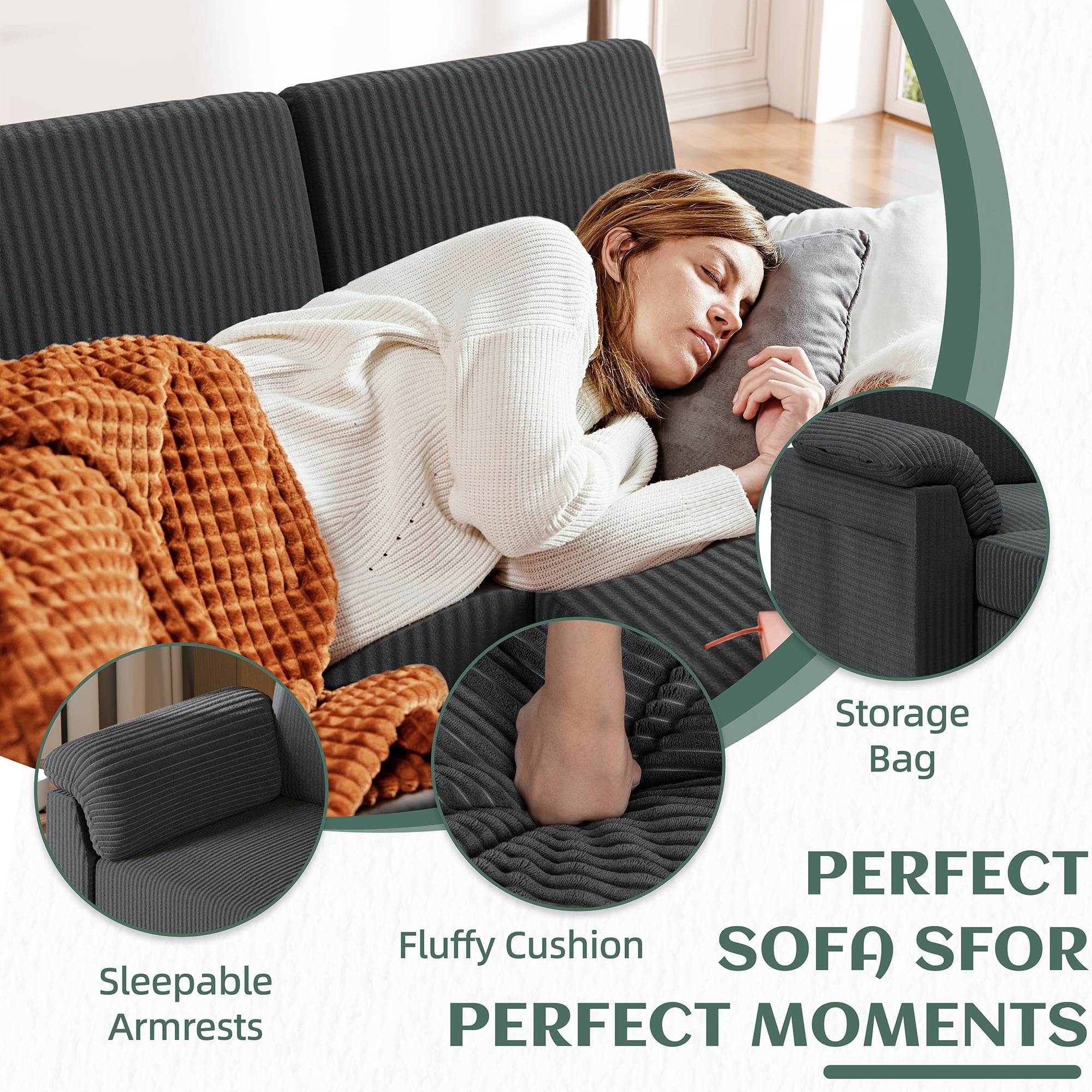 Sobaniilo 79.1" Sectional Sofa with Movable Storage Ottoman, L-Shaped Convertible Sofa Couch for Small Living Room, Dark Gray