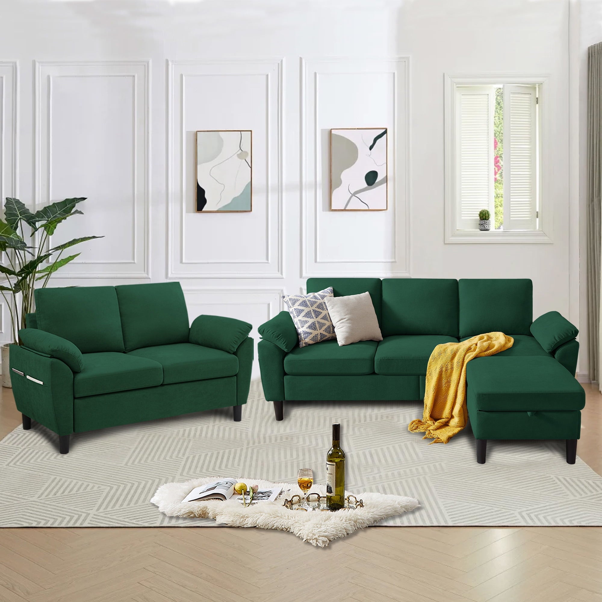 Soscana Living Room Furniture 2 Piece Set,Sectional Sofa Couch with Storage Ottoman and Double Seater Loveseat,Green