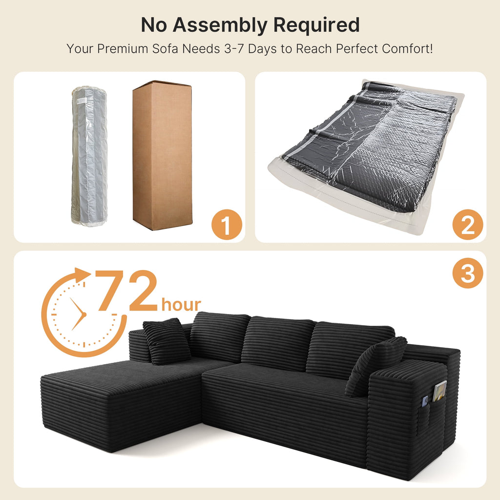 Lofka 105" Cloud L-Shaped Sectional Sofa and Couch with Movable Ottoman and Soft Seats for Living Room, No Assembly Required, Black (Plush Corduroy Fabric)