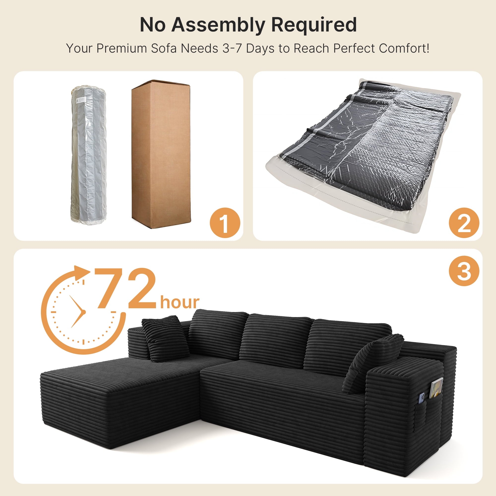 Lofka 105" Cloud L-Shaped Sectional Sofa and Couch with Movable Ottoman and Soft Seats for Living Room, No Assembly Required, Black (Plush Corduroy Fabric)