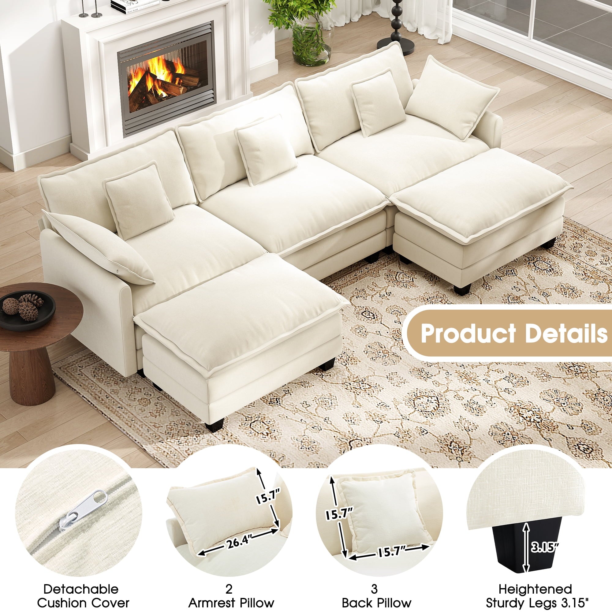 BedLuxury 111.5'' Modular Sectional Sofa with Movable Ottomans, U Shaped Cloud Couch for Living Room, 3-Seat, Beige