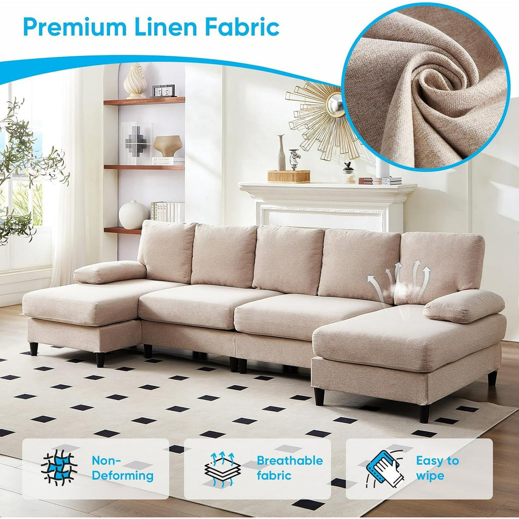 Puremind 114"W U-Shaped Sectional Sofa, Linen 4 Seat Sectional Couch with Double Chaises for Living Room/Apartment, Beige