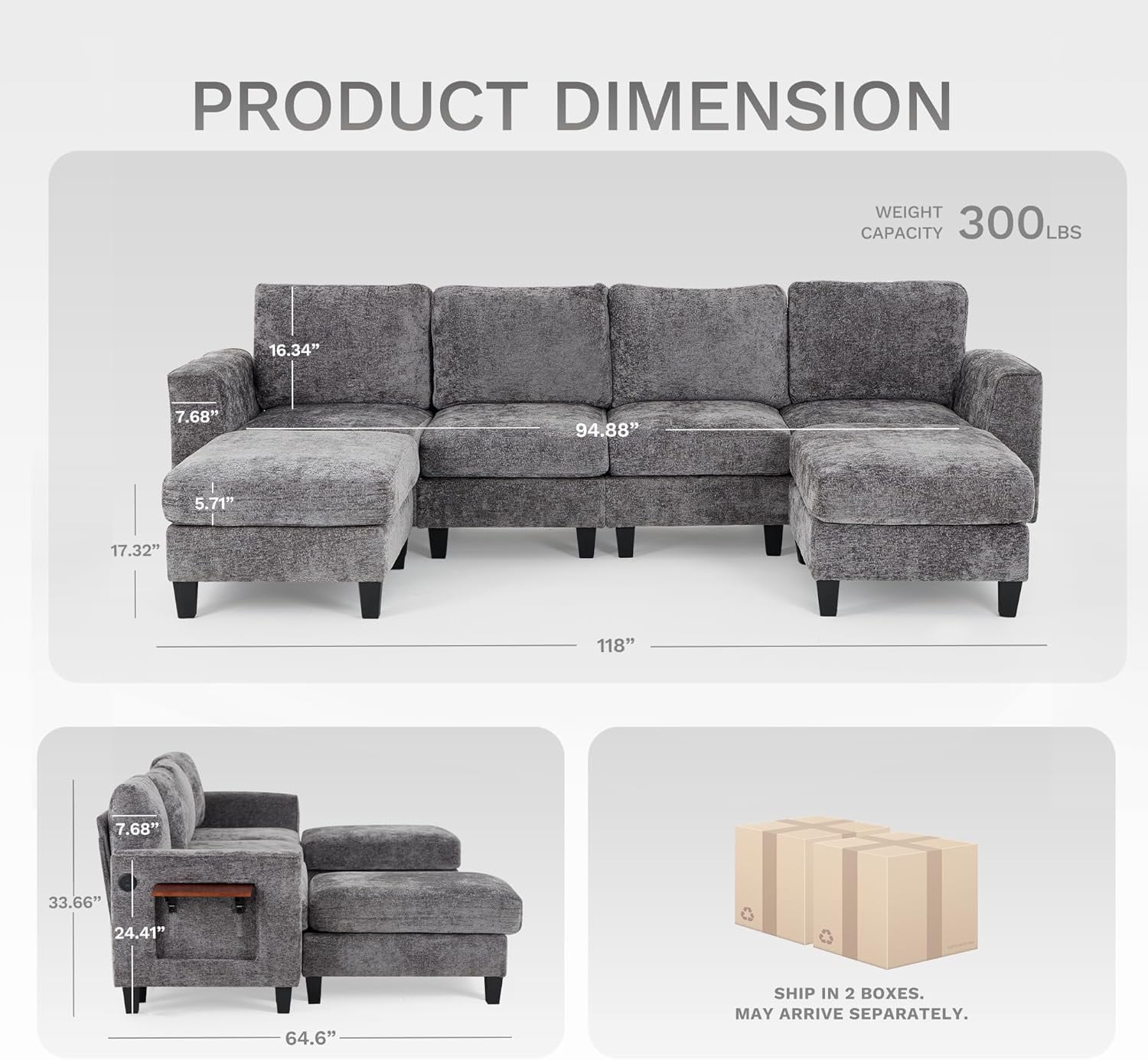 COLAMY 118" U Shaped Sectional Couches,4 Seat Modular Sofa with 2 Ottoman and Foldable Side Table for Living Room, Grey