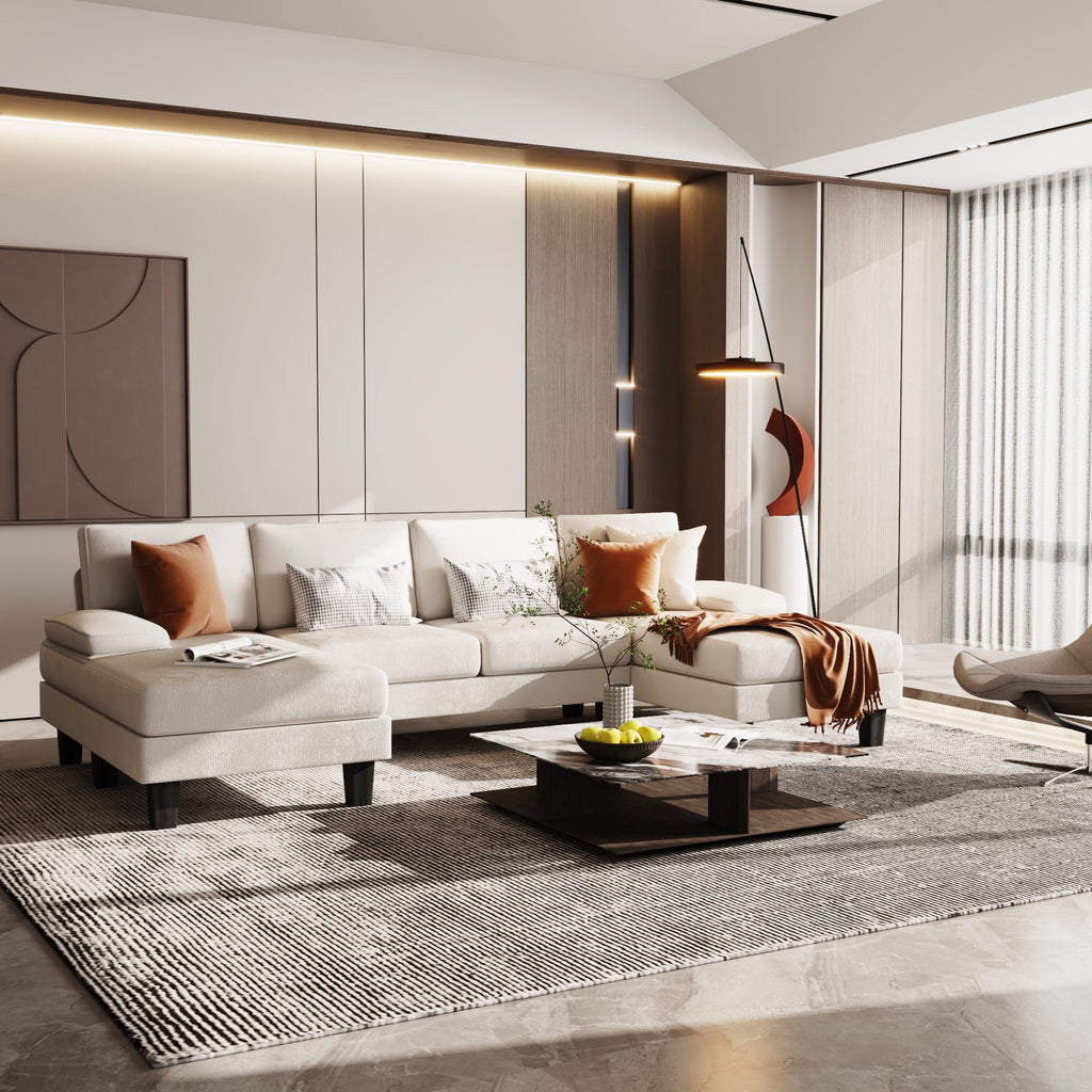 Homall Modern U-Shape Sectional Sofa, Chenille Fabric Modular Couch, 4 Seat Oversized Sofa with Chaise for Living Room, White