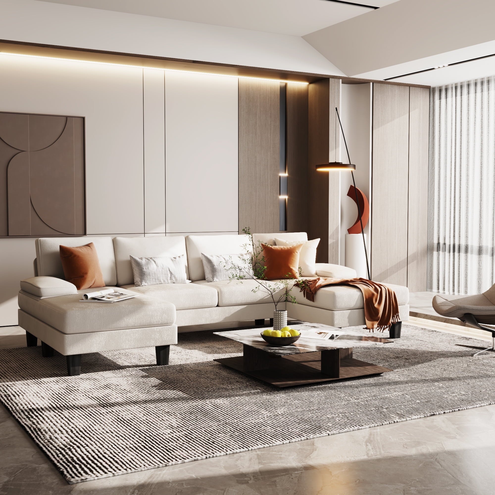 Homall Modern U-Shape Sectional Sofa, Chenille Fabric Modular Couch, 4 Seat Oversized Sofa with Chaise for Living Room, White