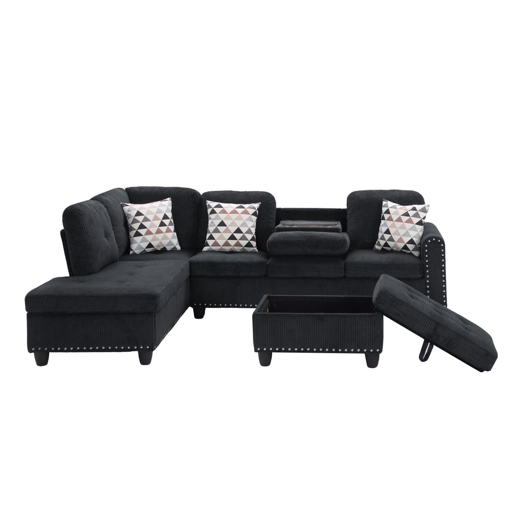 Gewnee 94.49" L-shaped Modular Fabric Sofa Set with Storage Ottoman and Cup Holders & throw pillows.Suitable for Living Rooms,Offices and Reception Rooms.Black