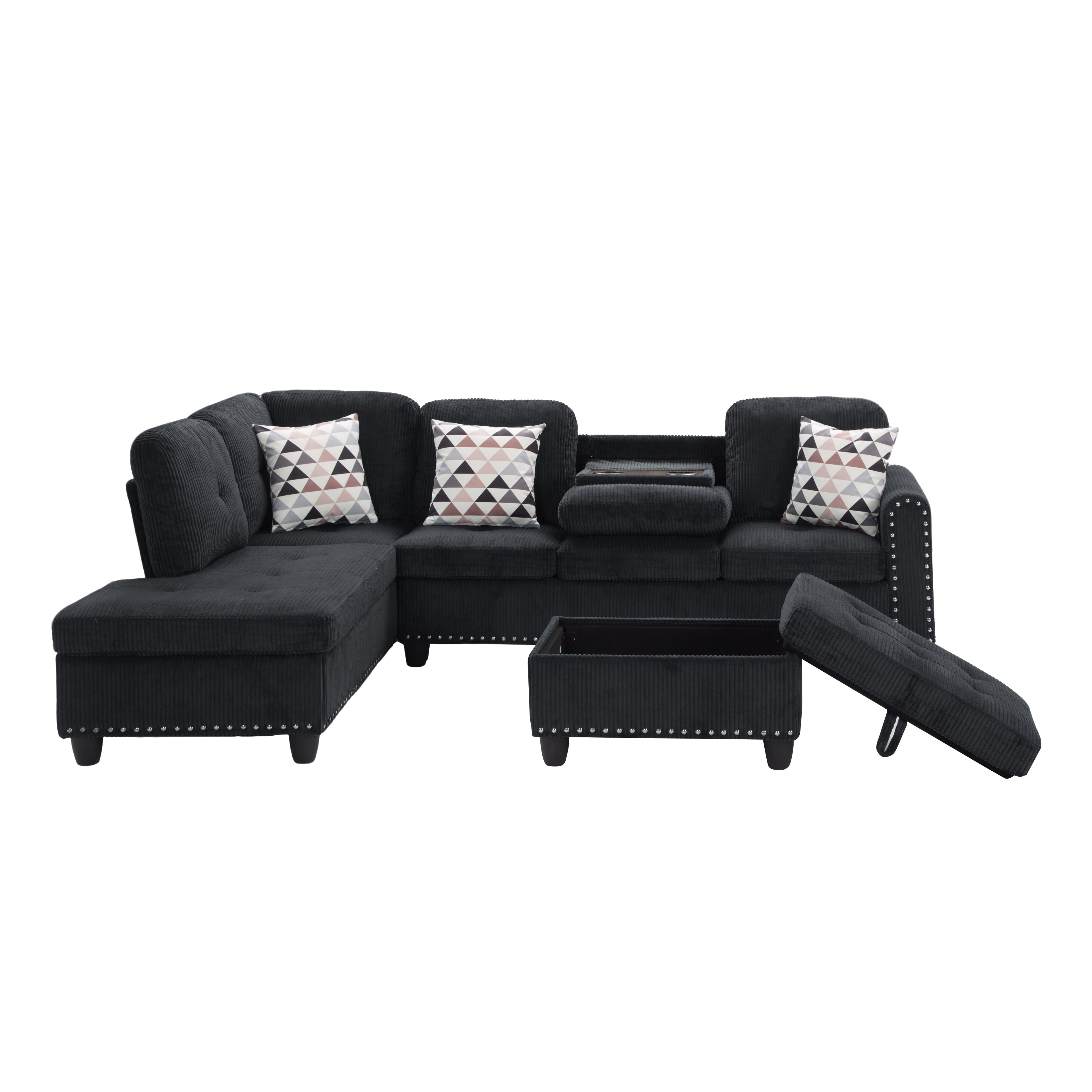 Gewnee 94.49" L-shaped Modular Fabric Sofa Set with Storage Ottoman and Cup Holders & throw pillows.Suitable for Living Rooms,Offices and Reception Rooms.Black