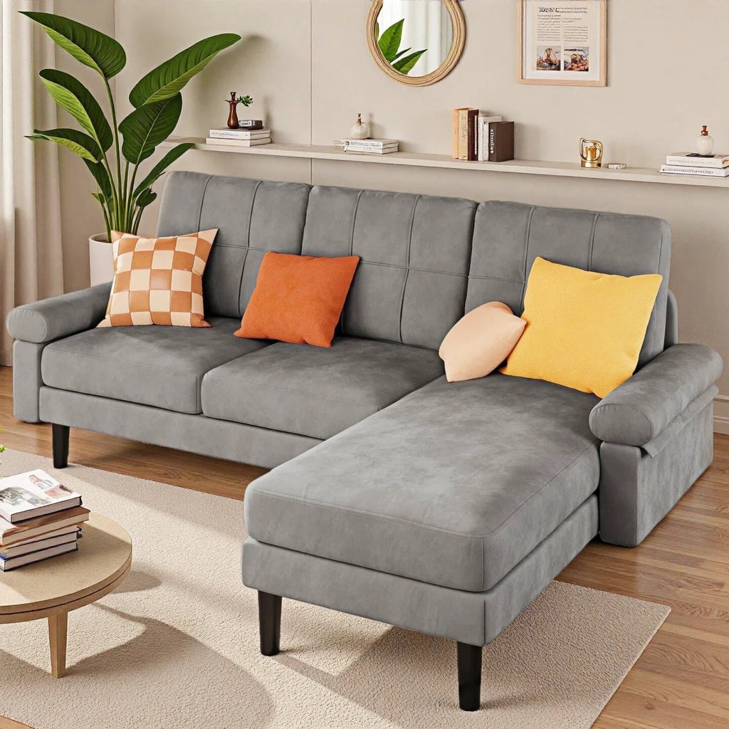 82"L-Shaped Couch, Lofka Sectional Sofa with 4" Thick Cushions, Soft Velvet 3 Seats Couches for Living Room, Apartment and Small Space, Dark Grey Couch
