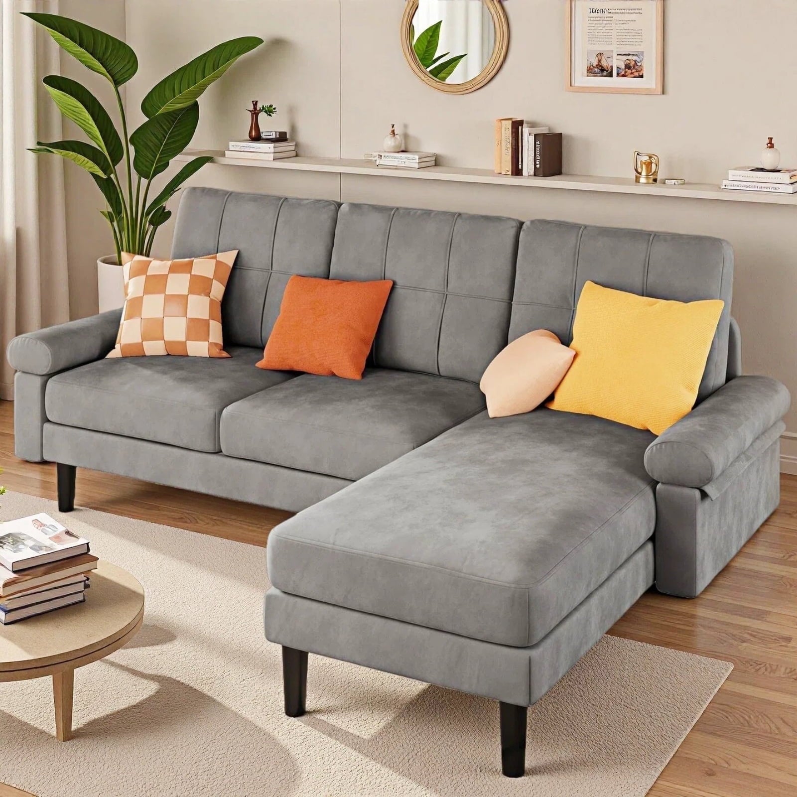82"L-Shaped Couch, Lofka Sectional Sofa with 4" Thick Cushions, Soft Velvet 3 Seats Couches for Living Room, Apartment and Small Space, Dark Grey Couch