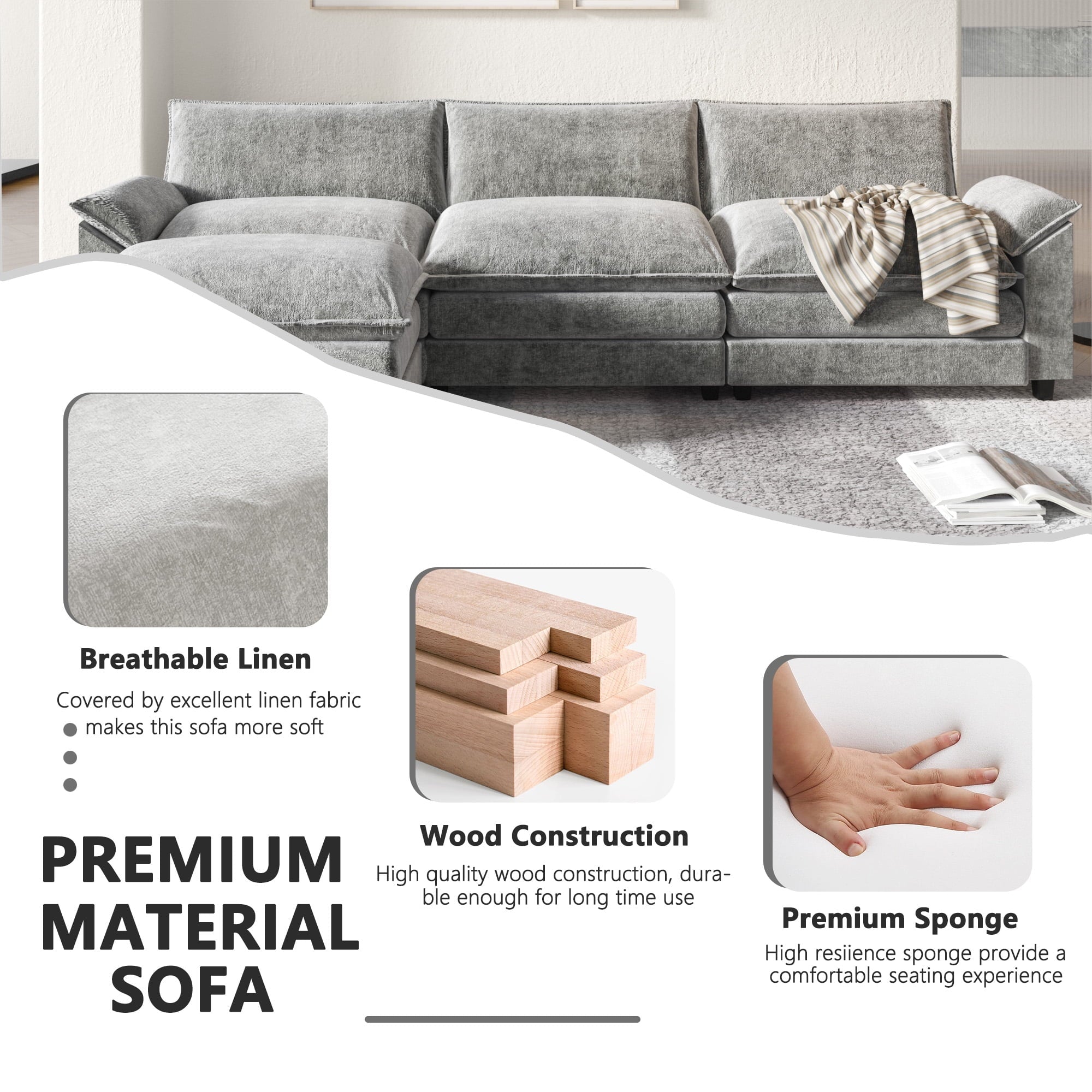 Furmax 3-seat Sectional Sofa Sectional Couch with Reversible Toffee Chair Convertible Sofa with Ottoman,Gray